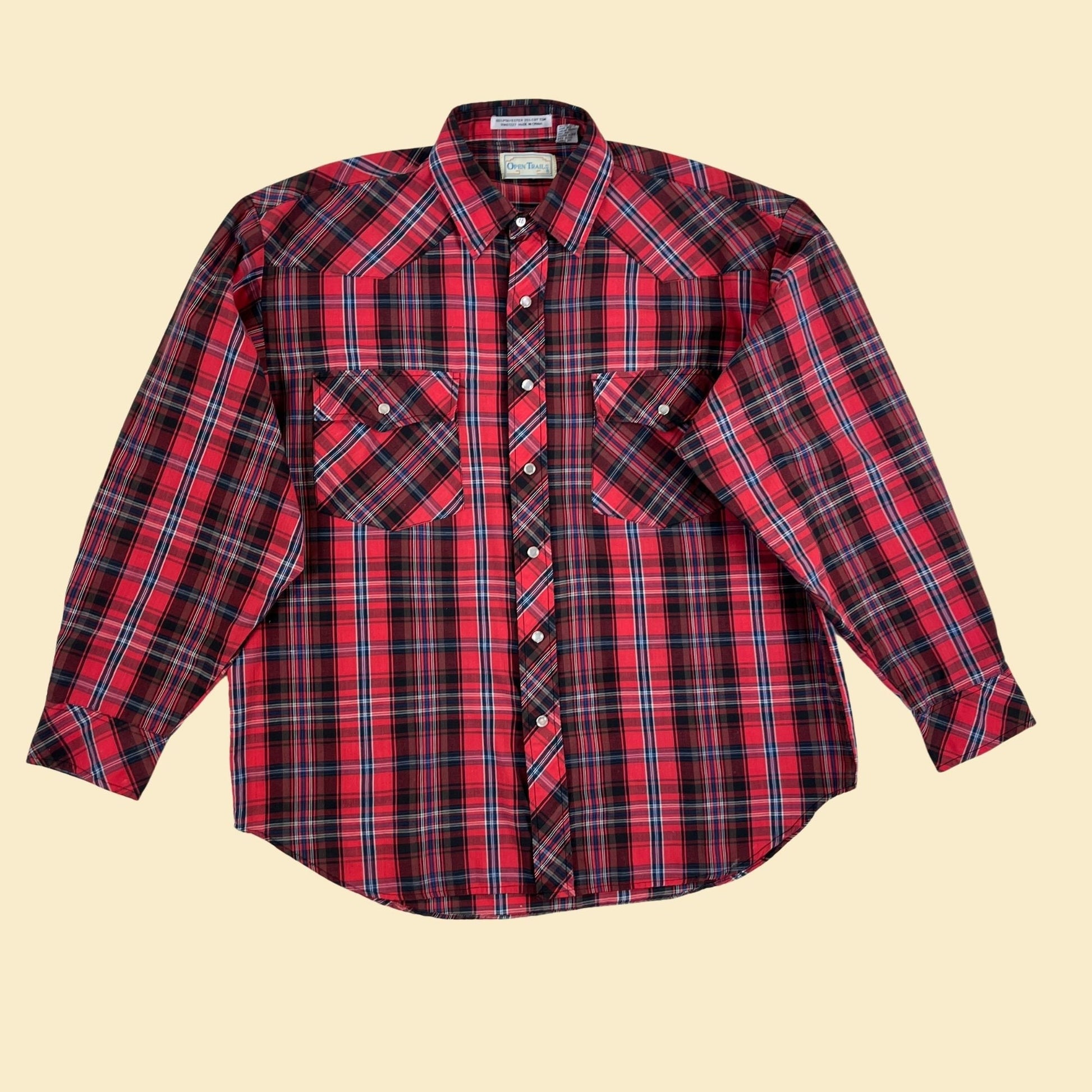 90s Open Trails plaid L western shirt, vintage 1990s pearl snap clasp lightweight long sleeve red & black plaid top