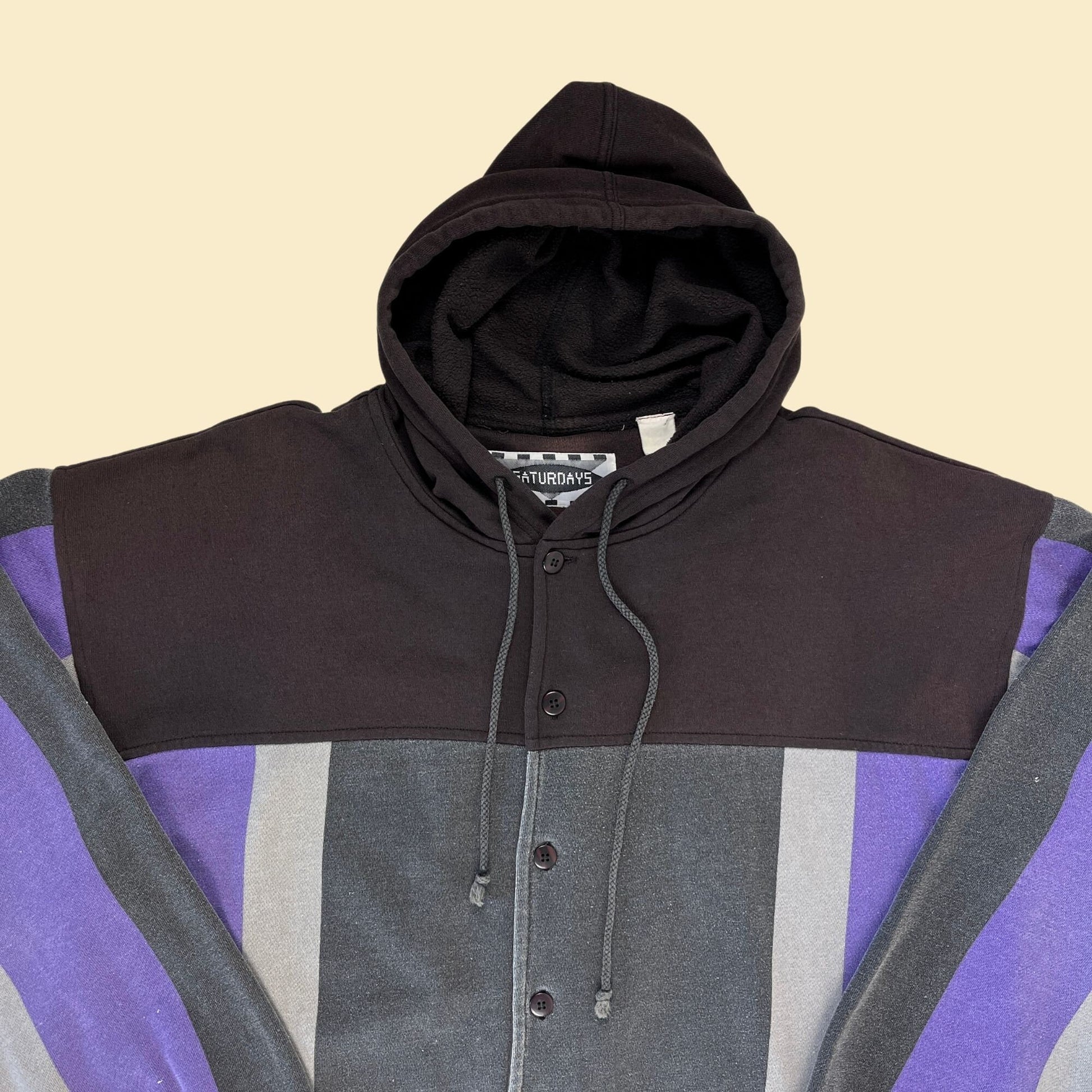 1980s striped hoodie jacket by Saturdays, vintage purple & black color-block streetwear button down hoodie