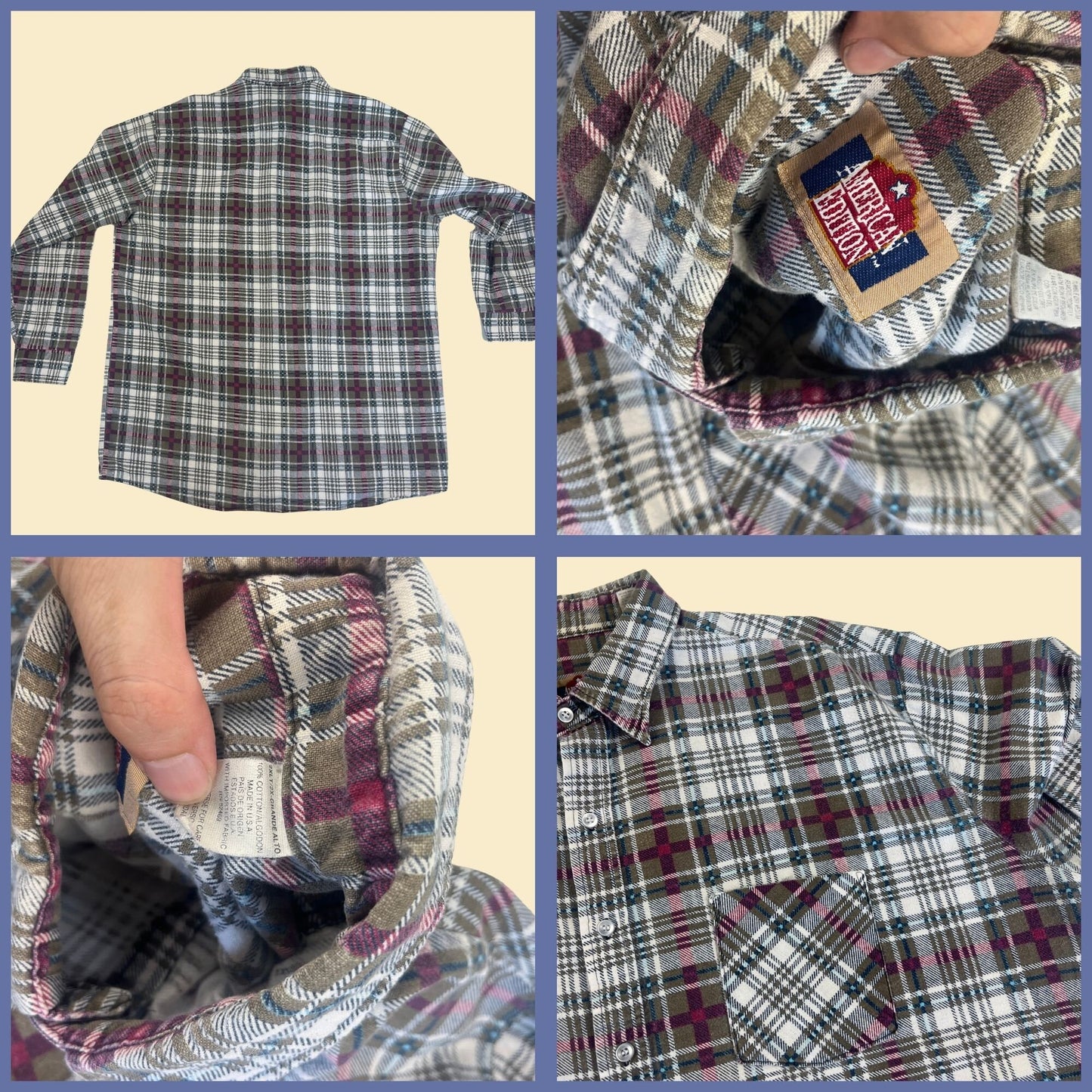 1980s plaid 2XLT flannel shirt by American Edition, vintage 80s cotton white/pink/blue long sleeve men's shirt