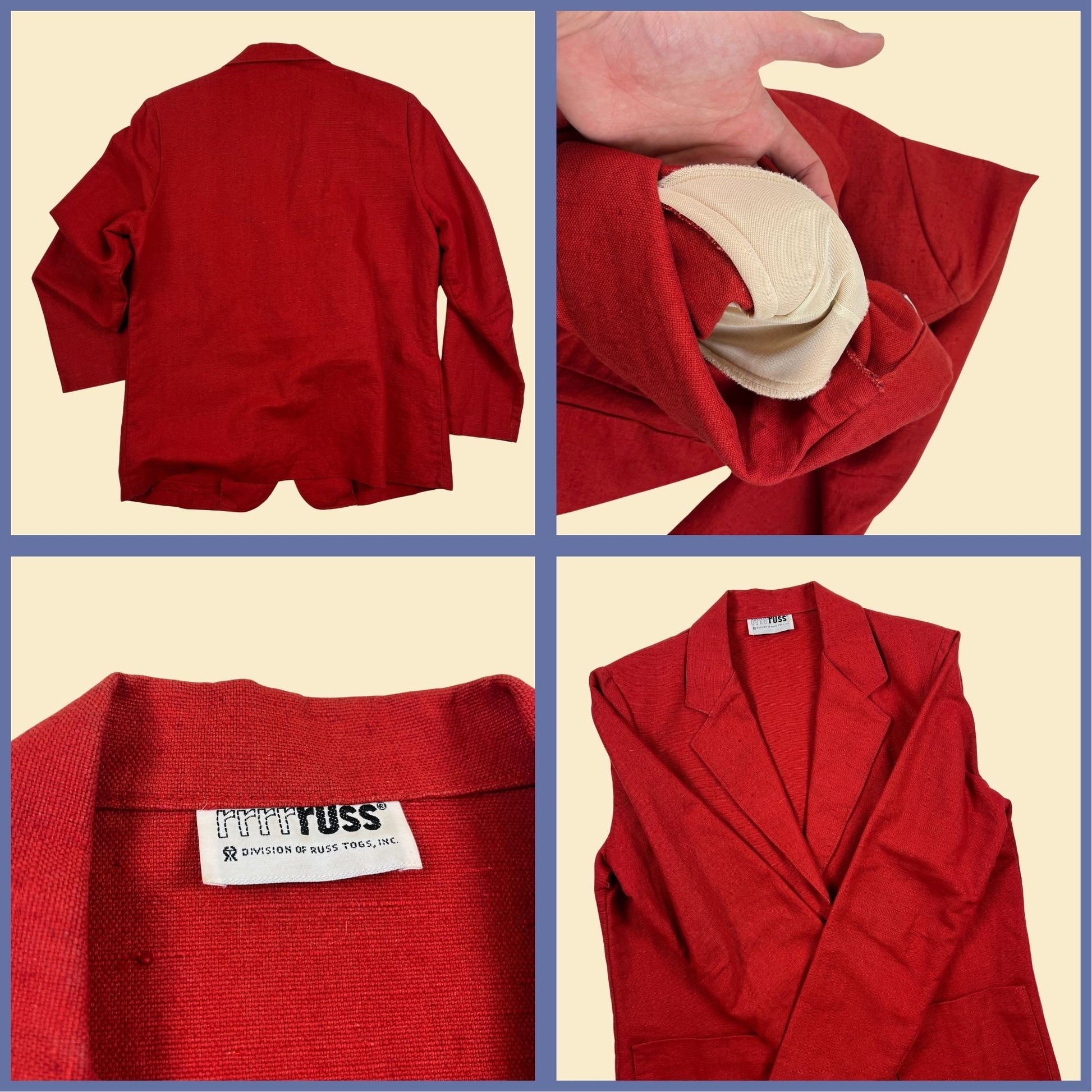 1980s red blazer by Rrrrruss, Division of Russ Togs, vintage 80s linen blazer jacket