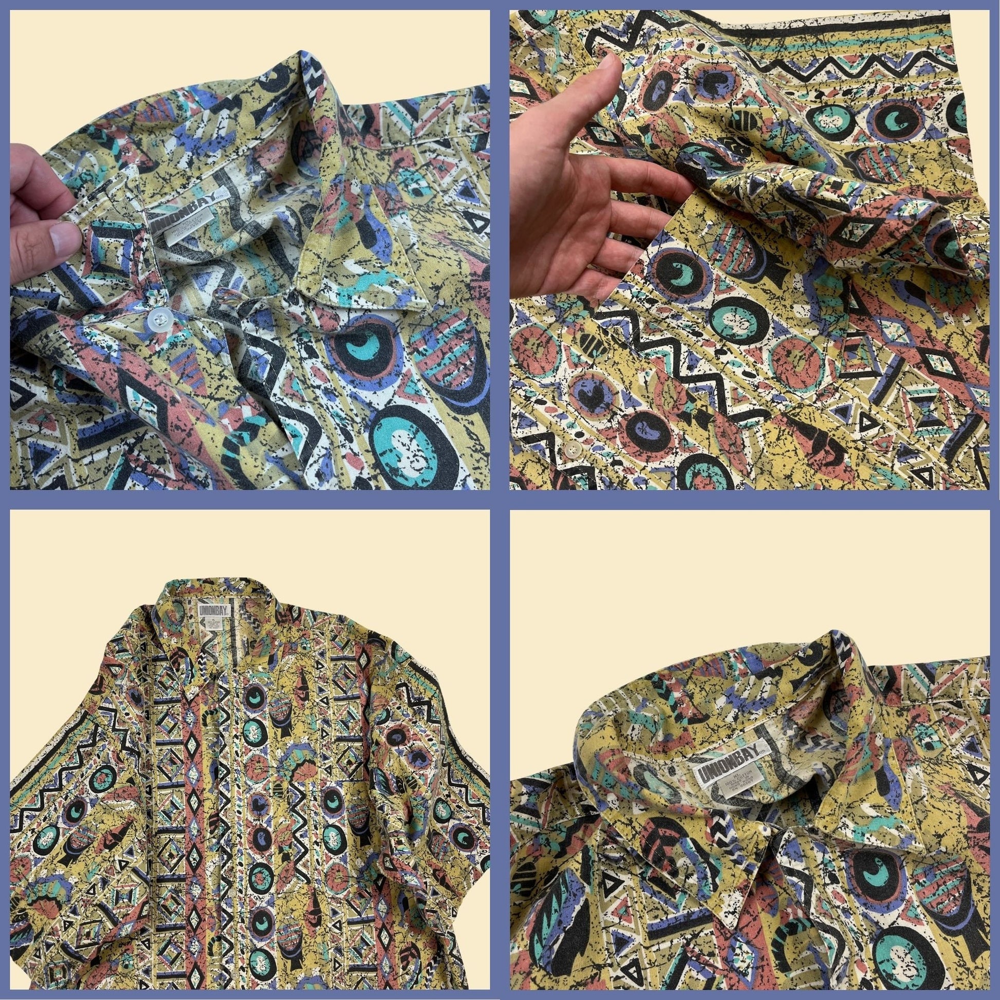 90s XL men's abstract shirt by Union Bay, vintage 1990s geometric button down men's fish patterned top