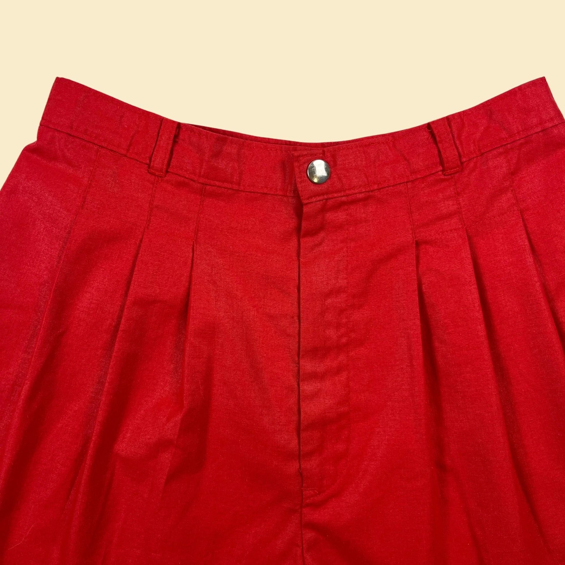 1970s red pleated shorts by Silver Unicorn, size 11 (27-28" waist), vintage 70s red pleated high-waisted shorts