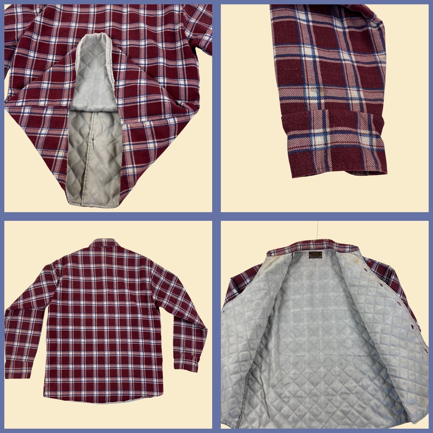 1970s M Sears flannel shirt w/ quilted lining, vintage 70s Sears Sportswear burgundy & white button down men's top