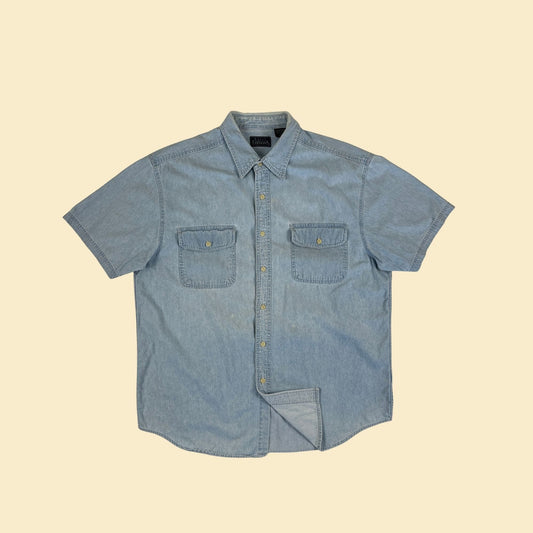 1990s L denim/chambray shirt, vintage 90s Basic Editions men's short sleeve cotton button down