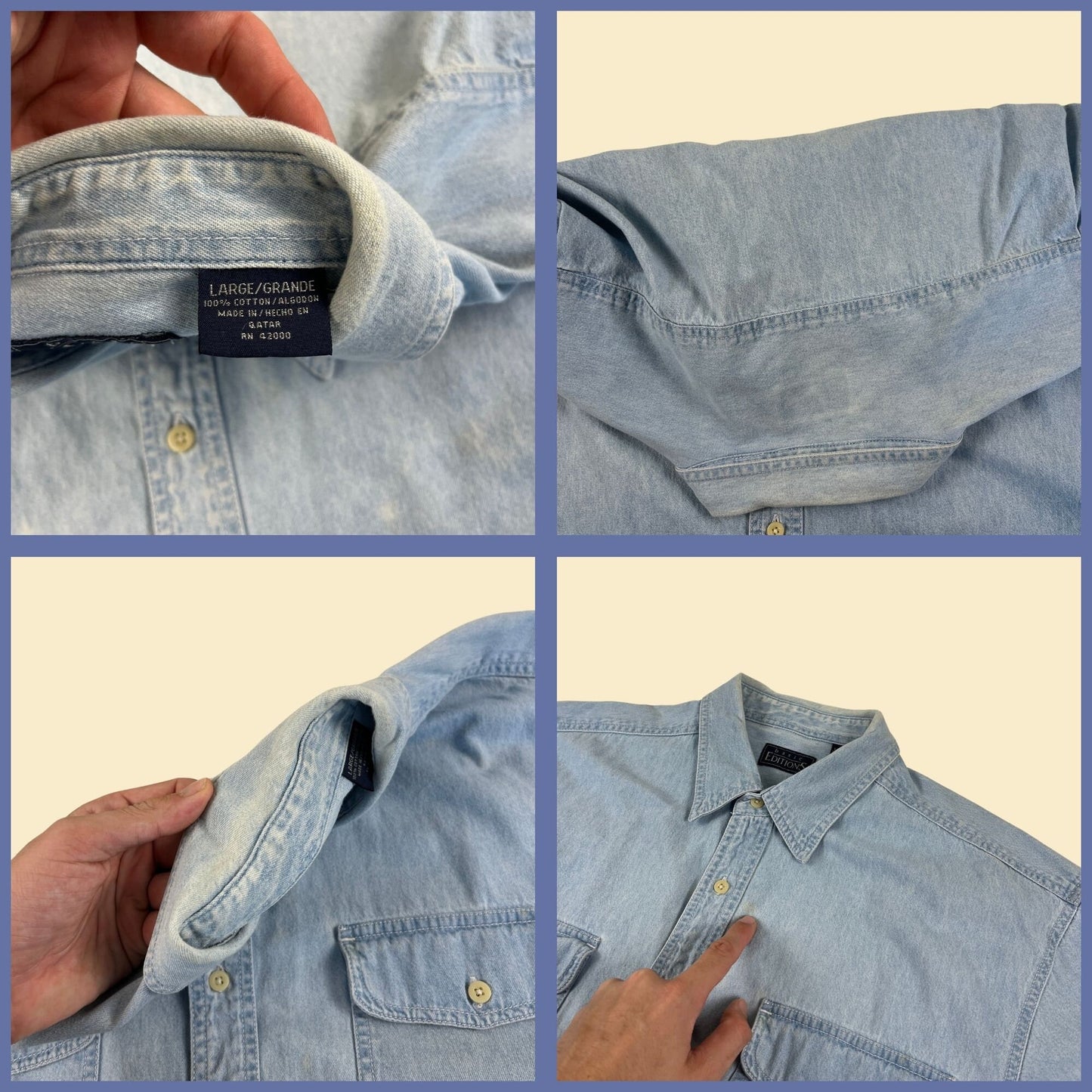 1990s L denim/chambray shirt, vintage 90s Basic Editions men's short sleeve cotton button down