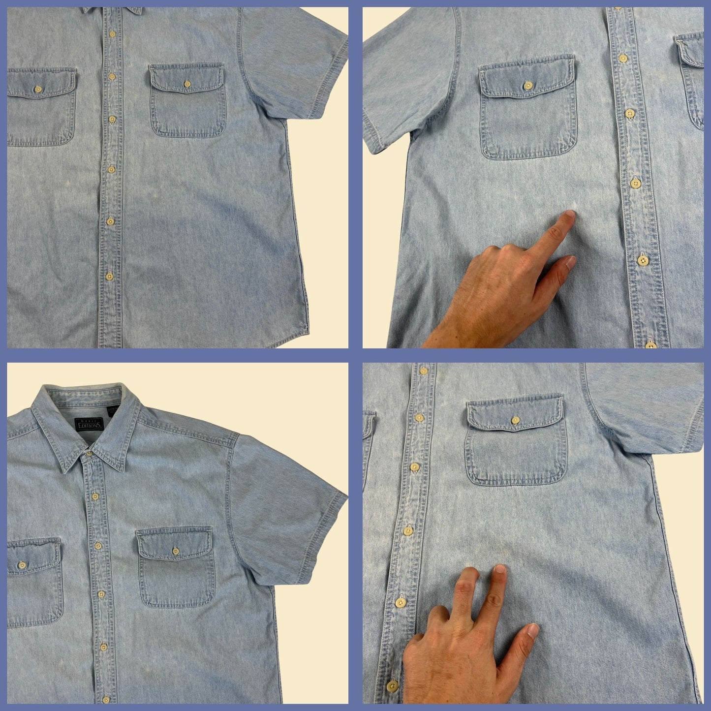 1990s L denim/chambray shirt, vintage 90s Basic Editions men's short sleeve cotton button down