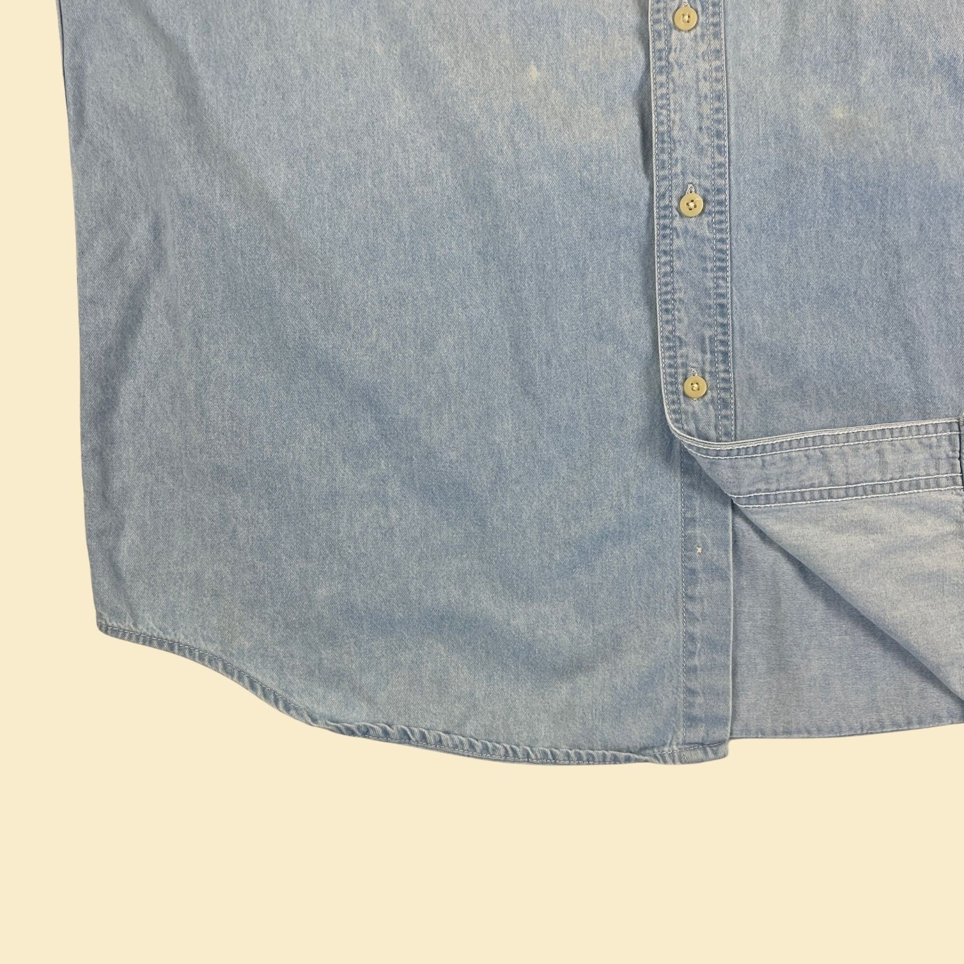 1990s L denim/chambray shirt, vintage 90s Basic Editions men's short sleeve cotton button down