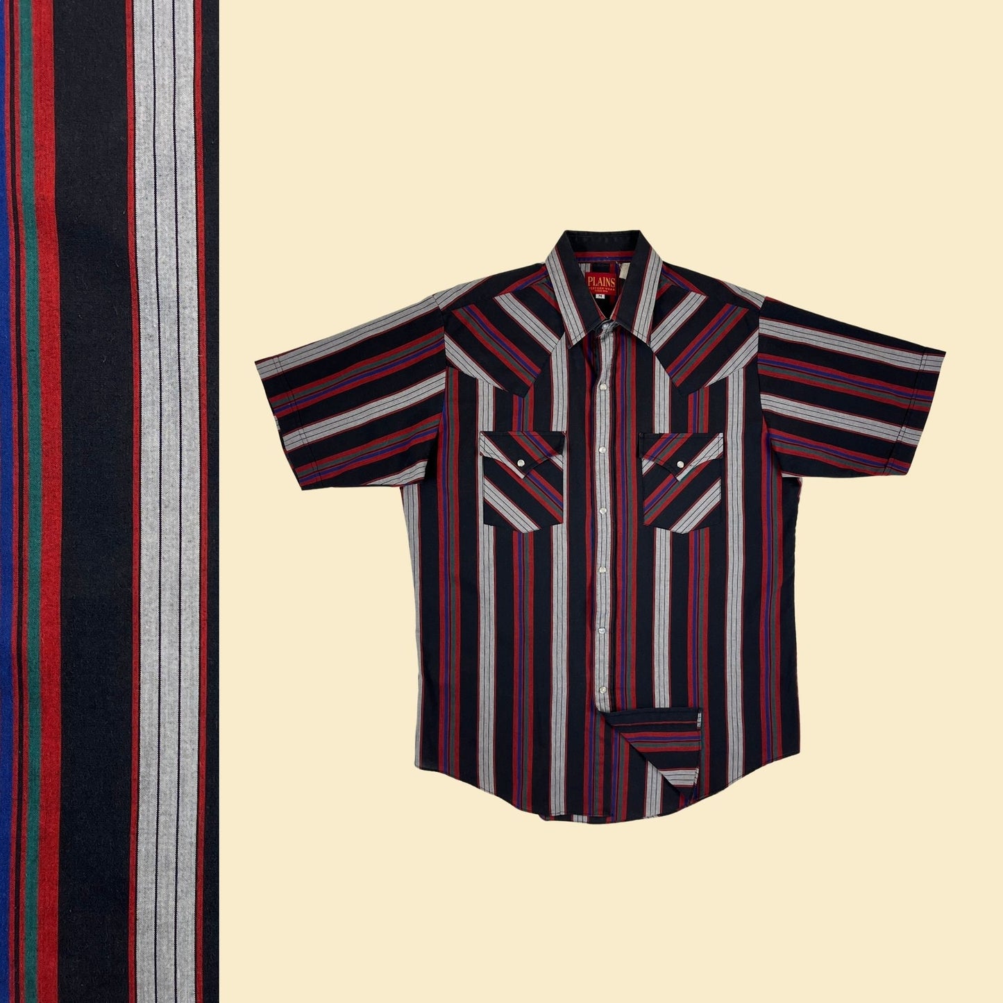 80s M striped western shirt, black/red/grey Plains Westernwear vintage 1980s men's short sleeve shirt