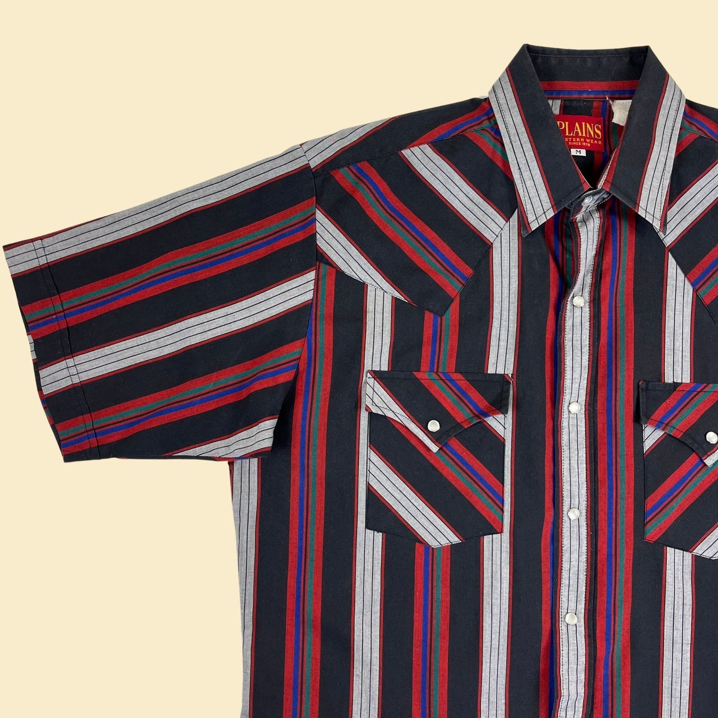 80s M striped western shirt, black/red/grey Plains Westernwear vintage 1980s men's short sleeve shirt