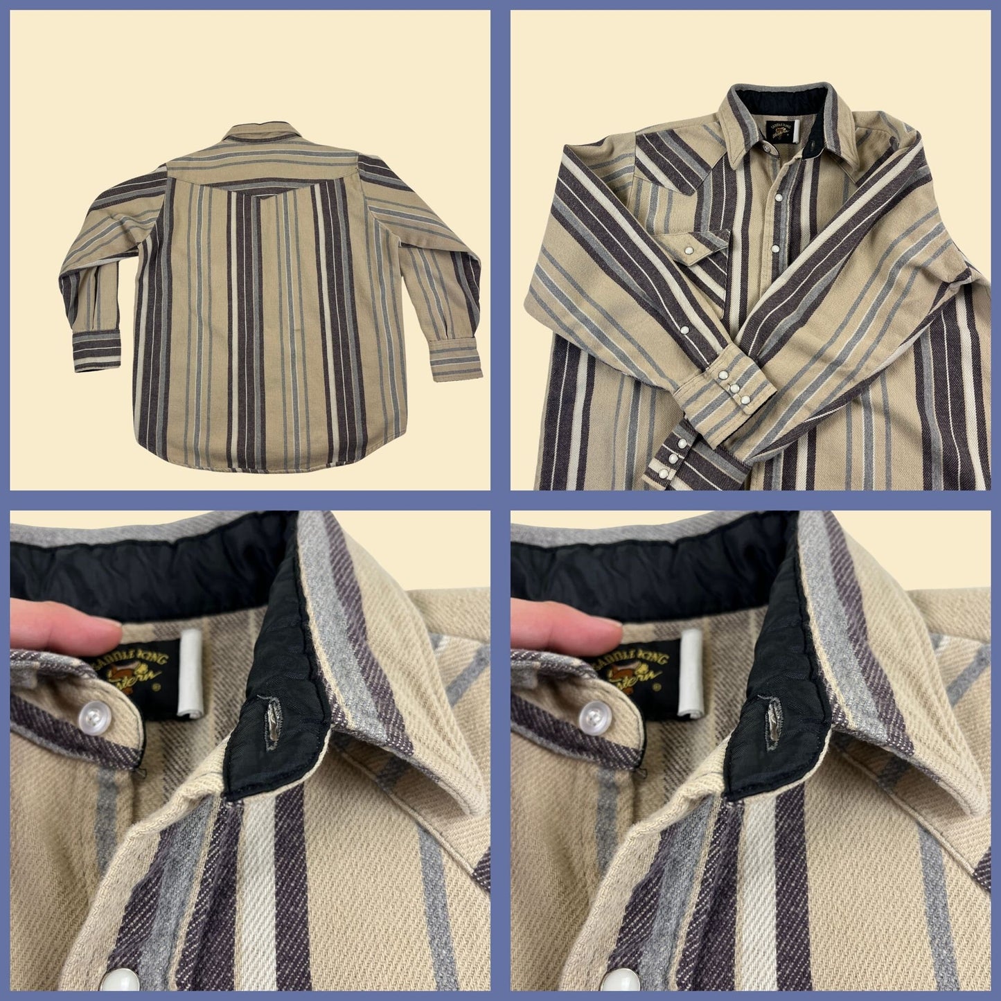 80s/90s striped western flannel by Saddle King Western, M to L vintage 1980s men's beige/brown/grey snap shirt