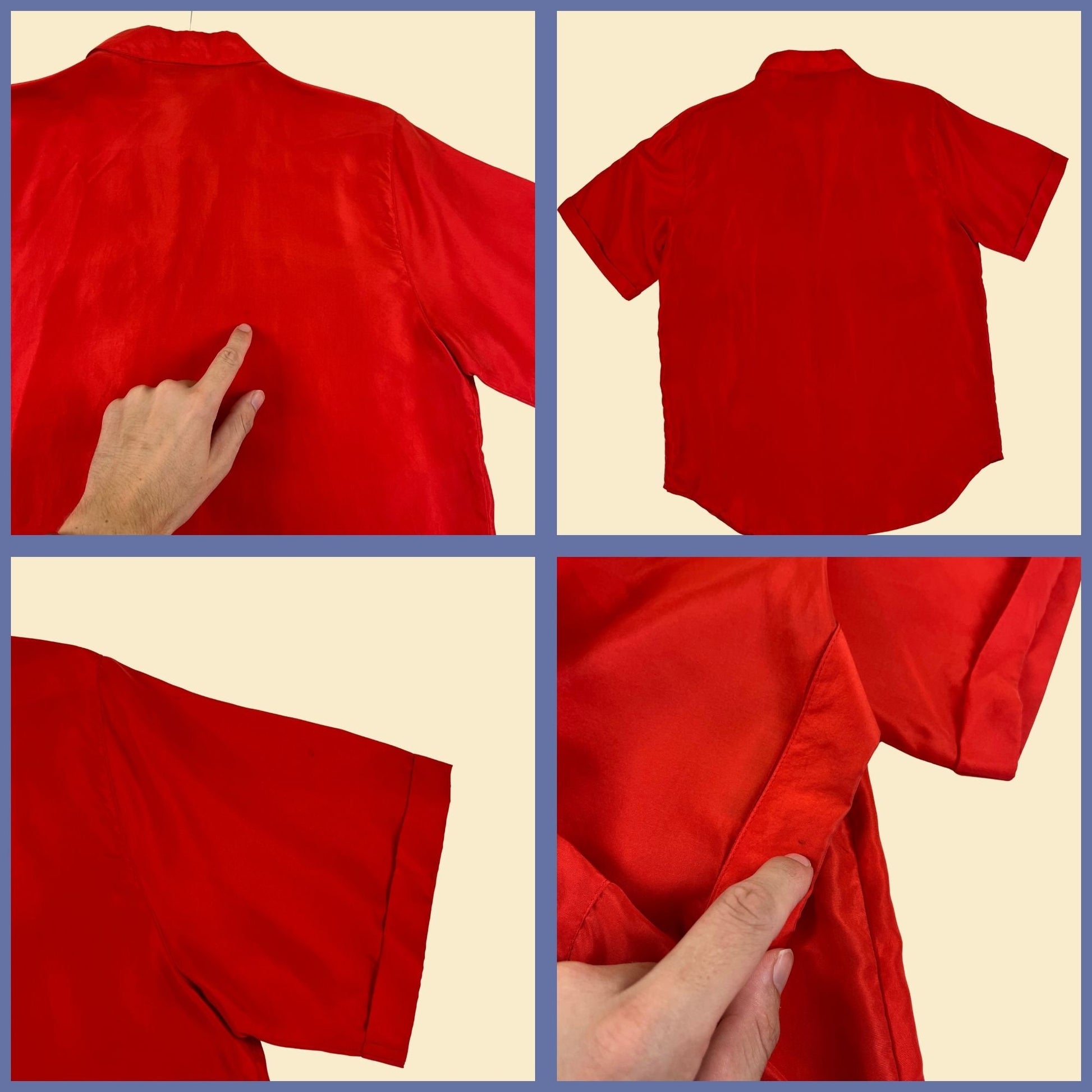 1980s M silk red blouse by Christie & Jill, vintage 80s short sleeve button down women's shirt