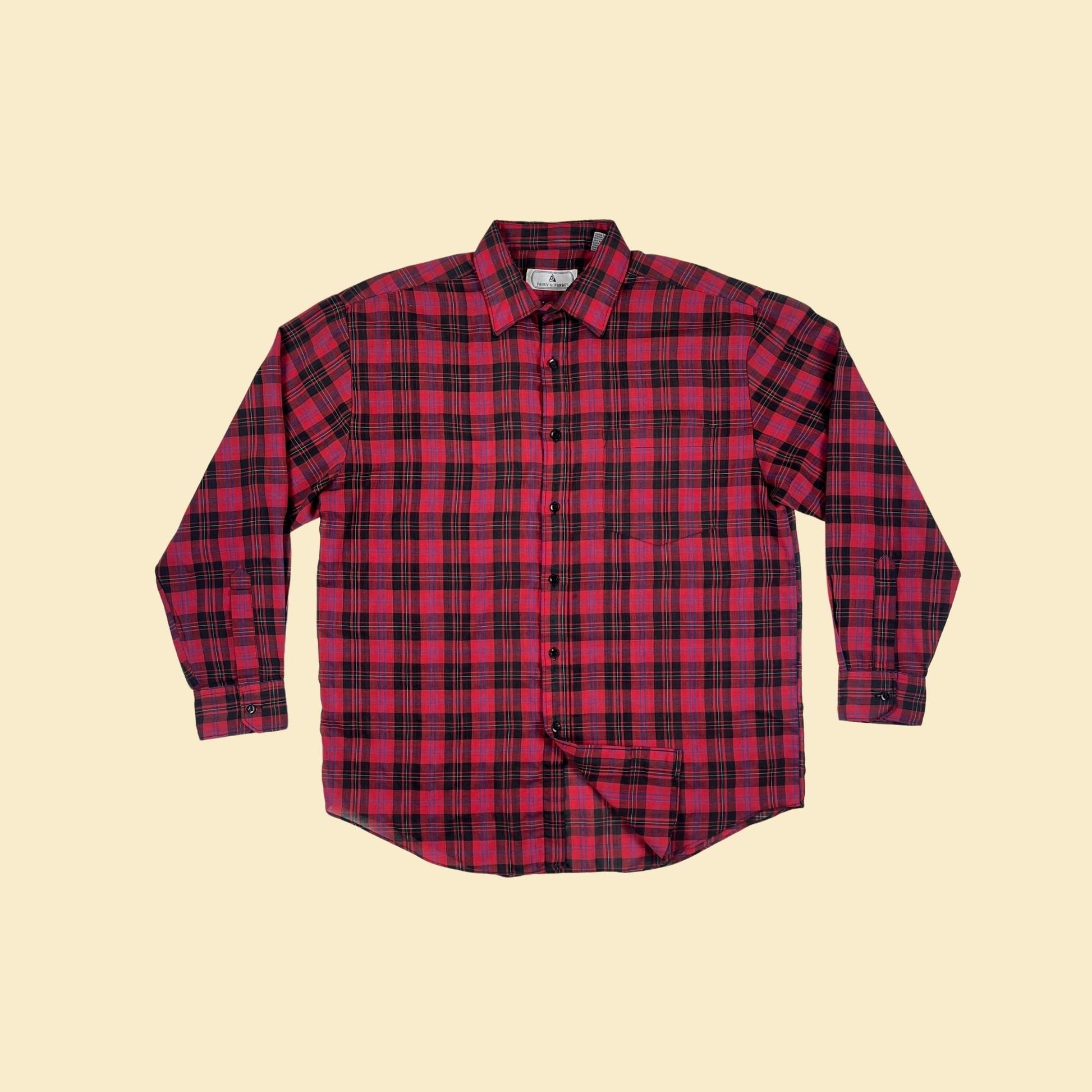 Vintage 90s L plaid red shirt by Pauly & Forbes, 1990s men's lightweight long sleeve plaid top