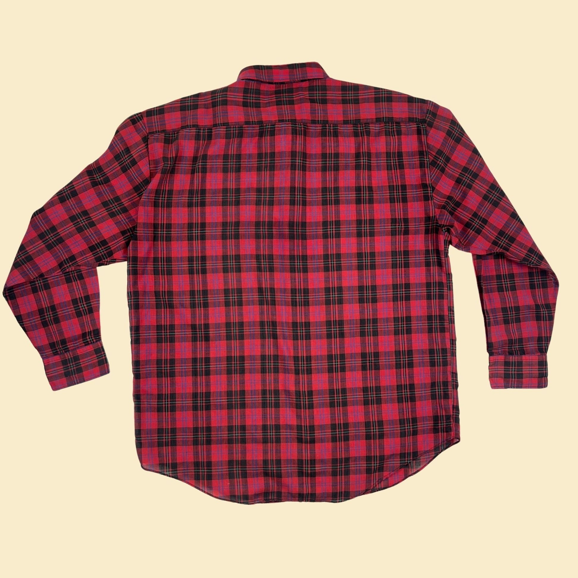 Vintage 90s L plaid red shirt by Pauly & Forbes, 1990s men's lightweight long sleeve plaid top