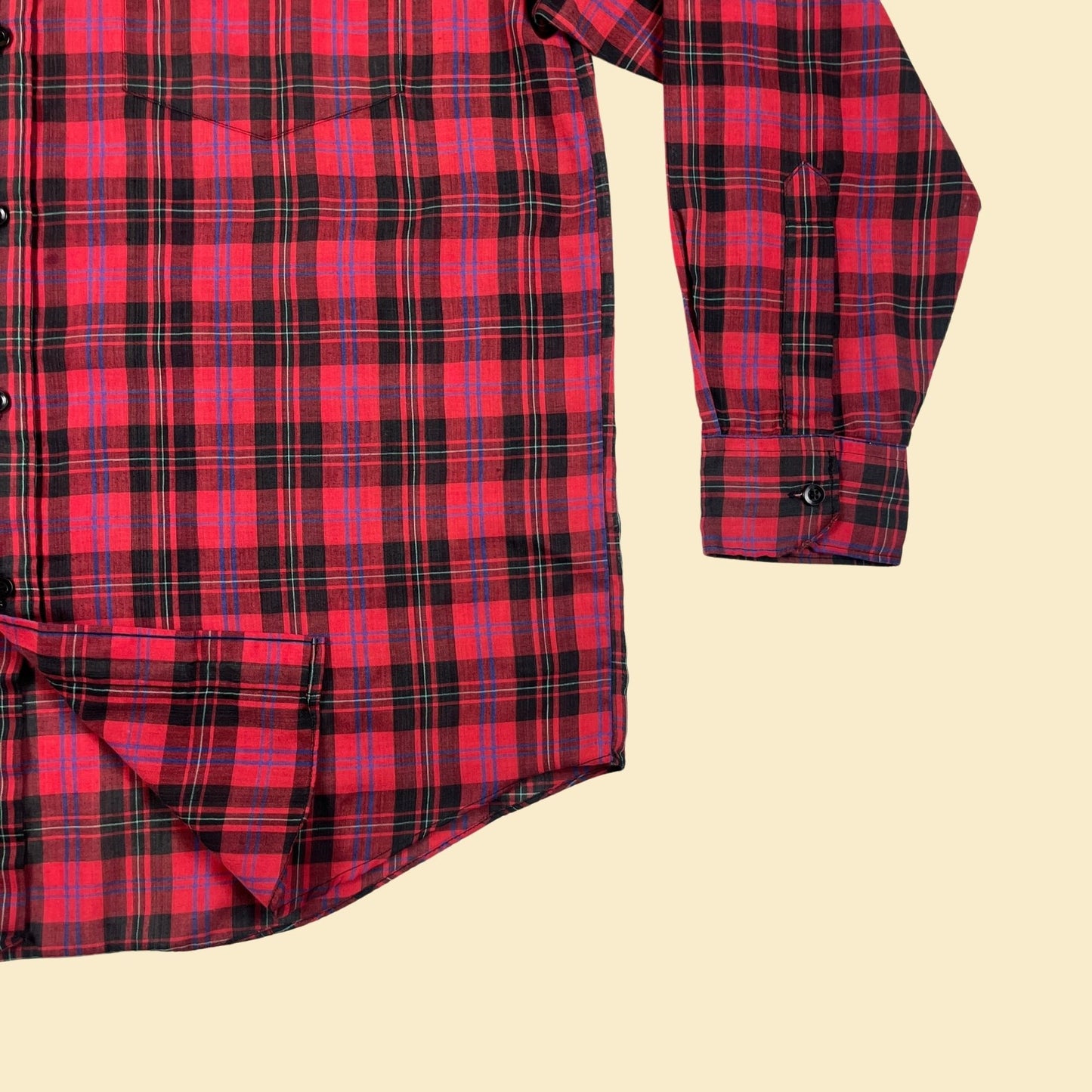 Vintage 90s L plaid red shirt by Pauly & Forbes, 1990s men's lightweight long sleeve plaid top