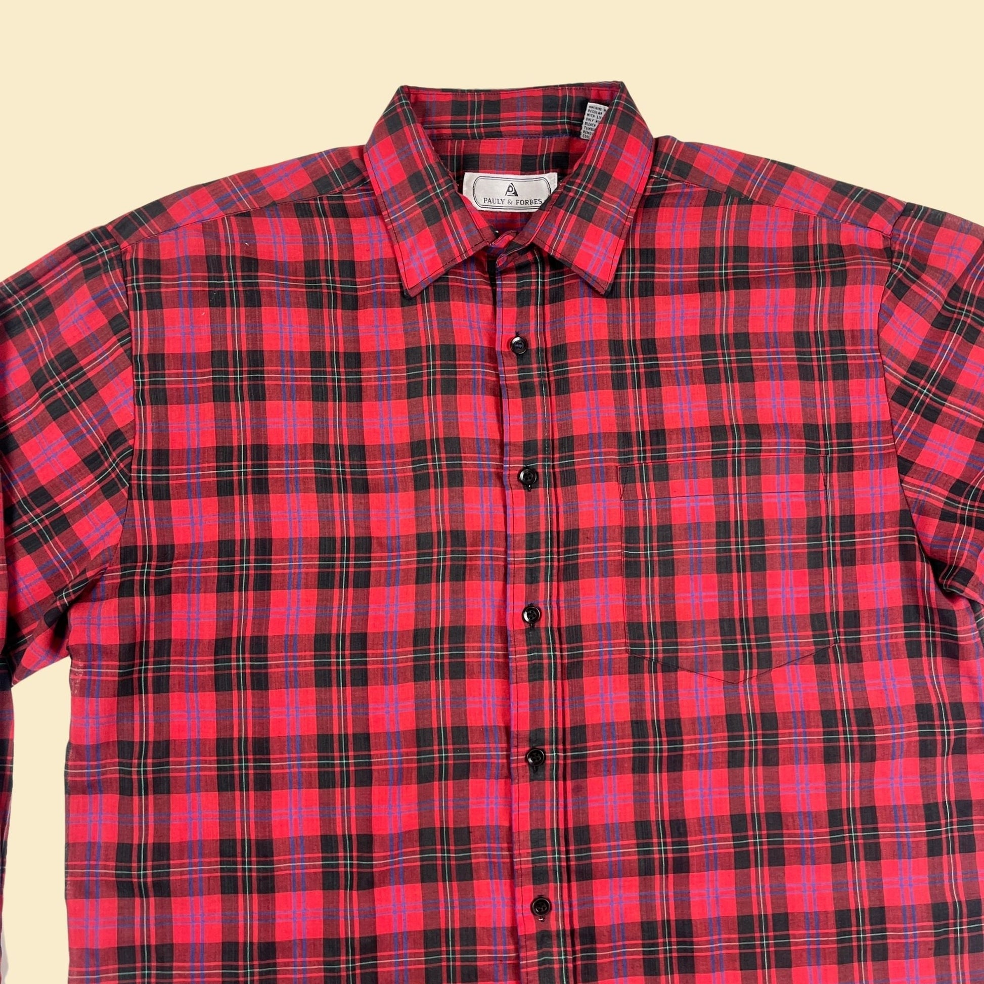 Vintage 90s L plaid red shirt by Pauly & Forbes, 1990s men's lightweight long sleeve plaid top