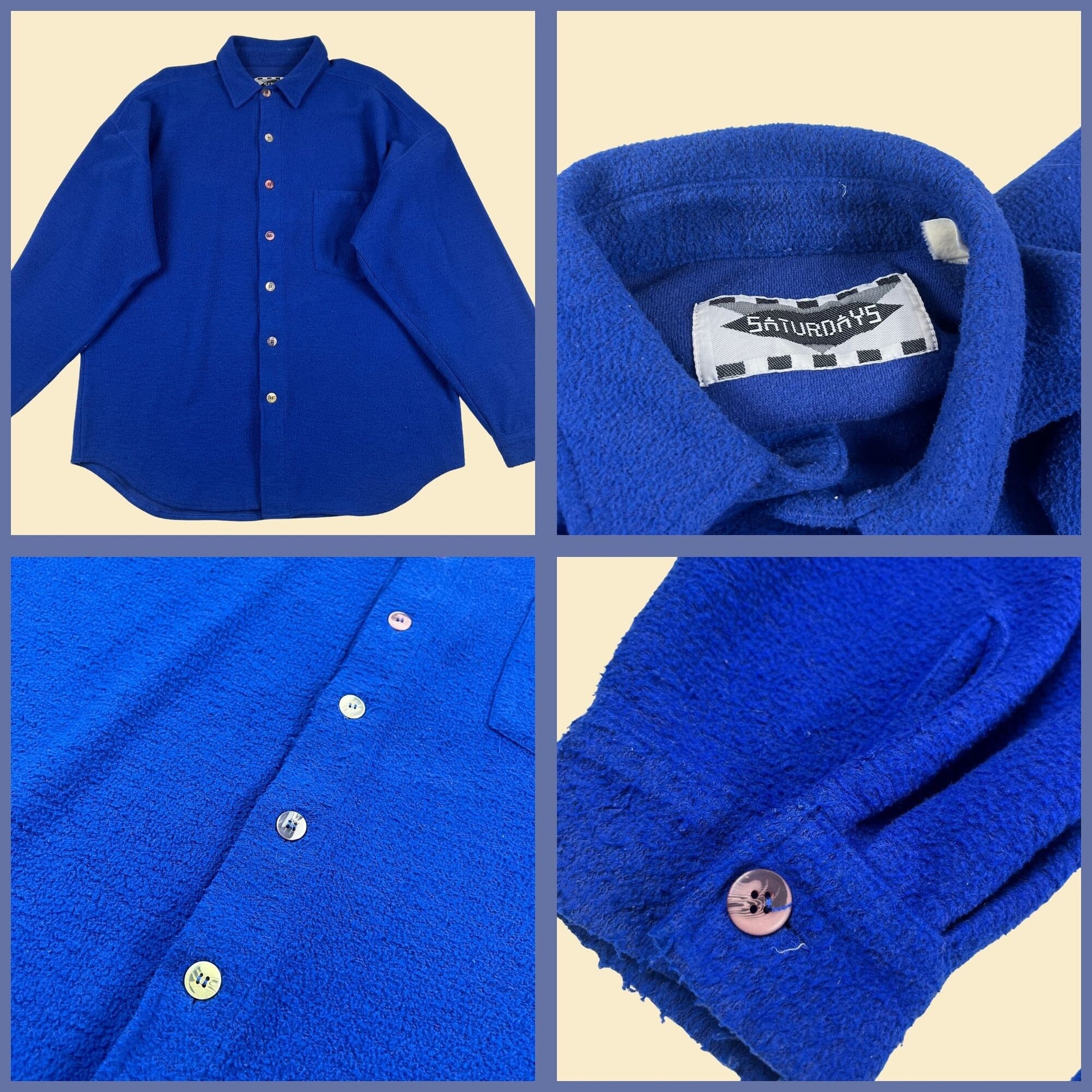 1980s L-XL blue terry-cloth/fleece shirt by Saturdays, textured vintage 80s long sleeve button down