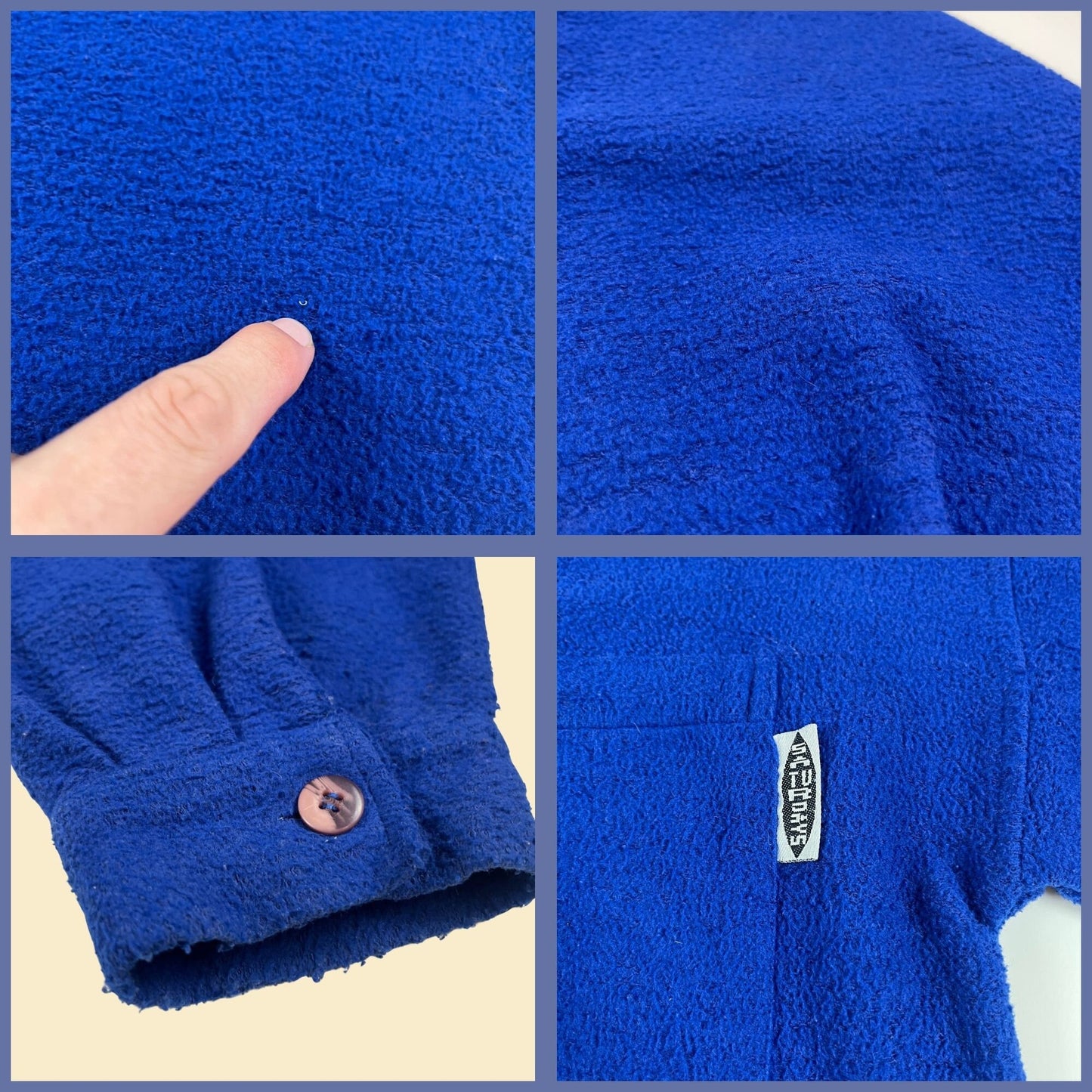 1980s L-XL blue terry-cloth/fleece shirt by Saturdays, textured vintage 80s long sleeve button down