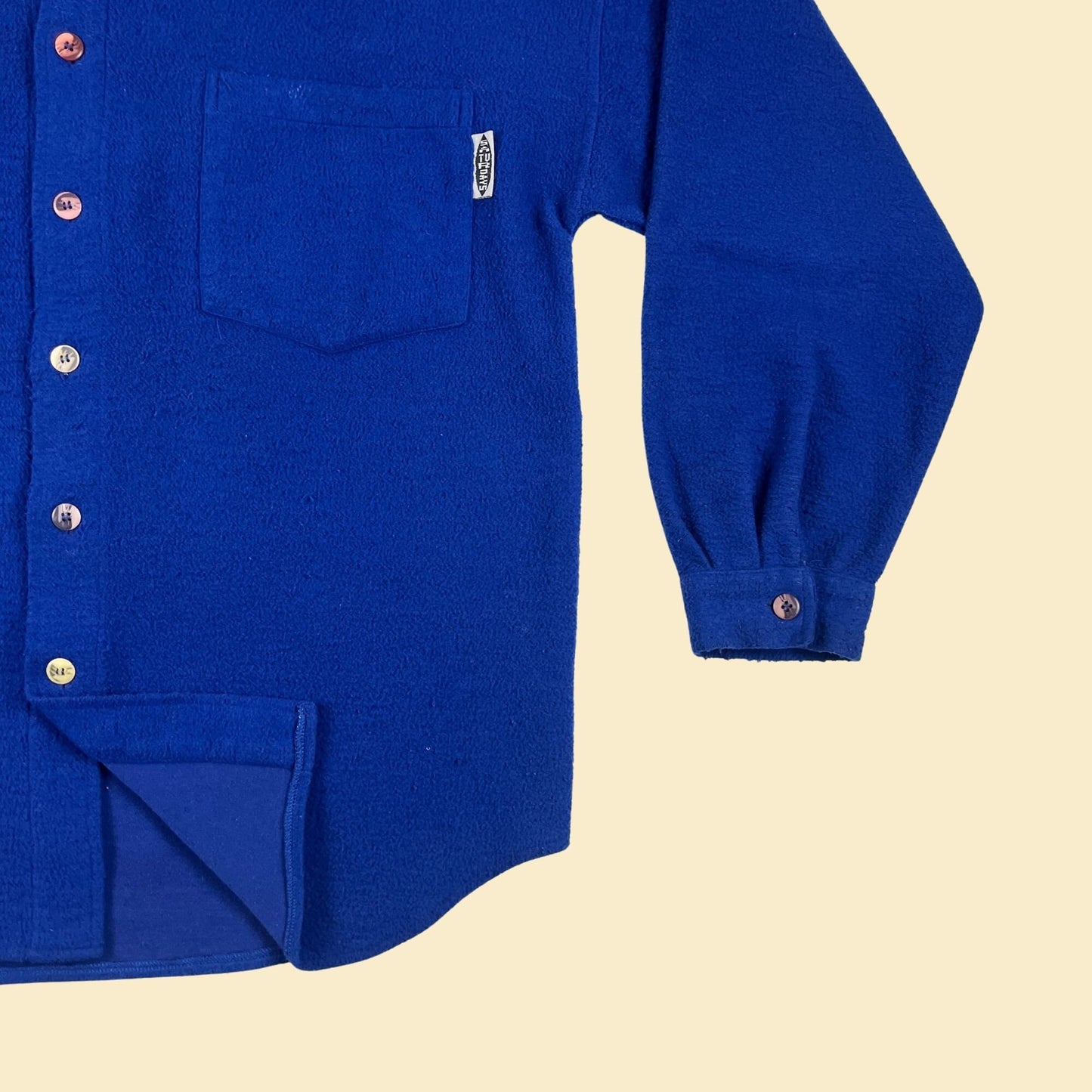 1980s L-XL blue terry-cloth/fleece shirt by Saturdays, textured vintage 80s long sleeve button down