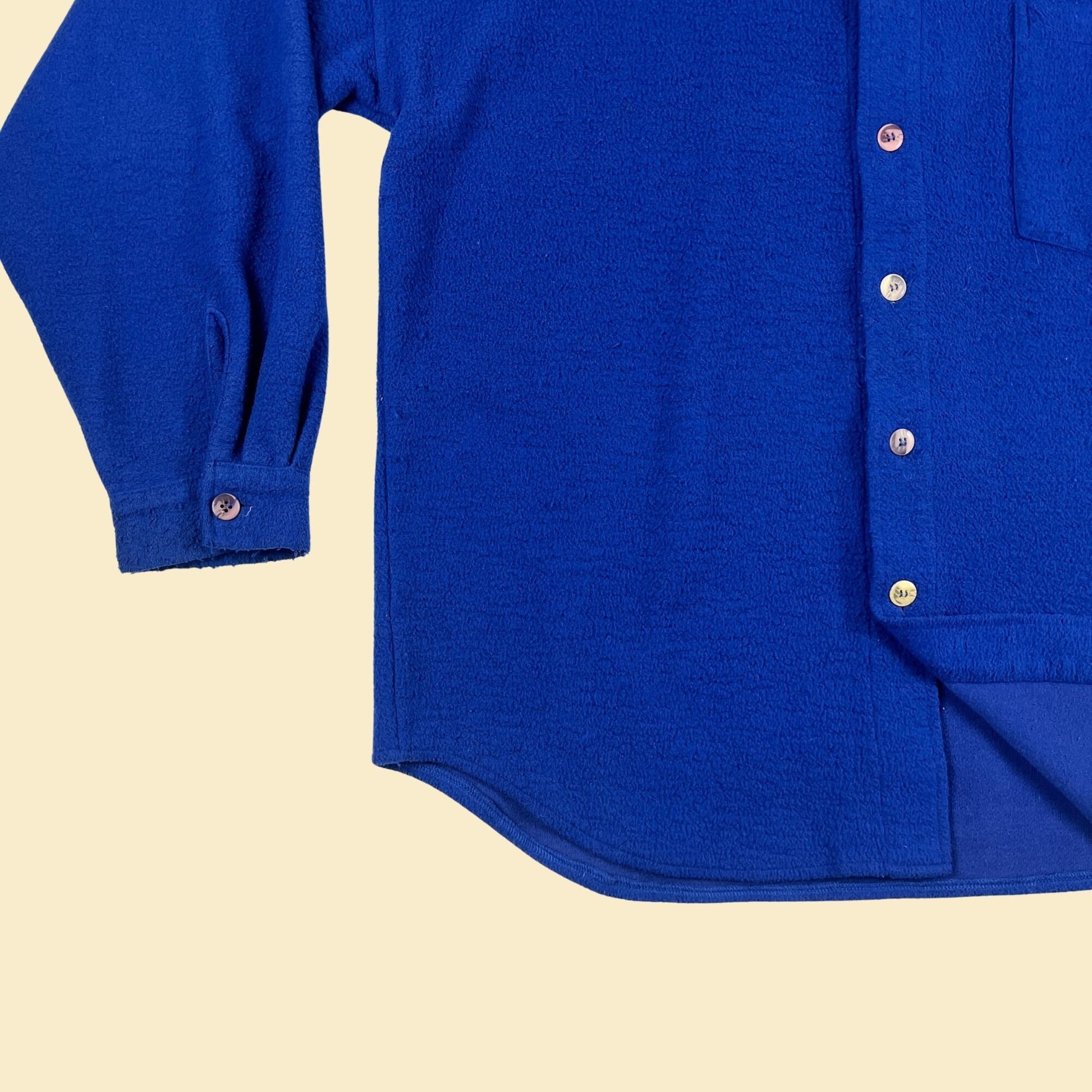 1980s L-XL blue terry-cloth/fleece shirt by Saturdays, textured vintage 80s long sleeve button down