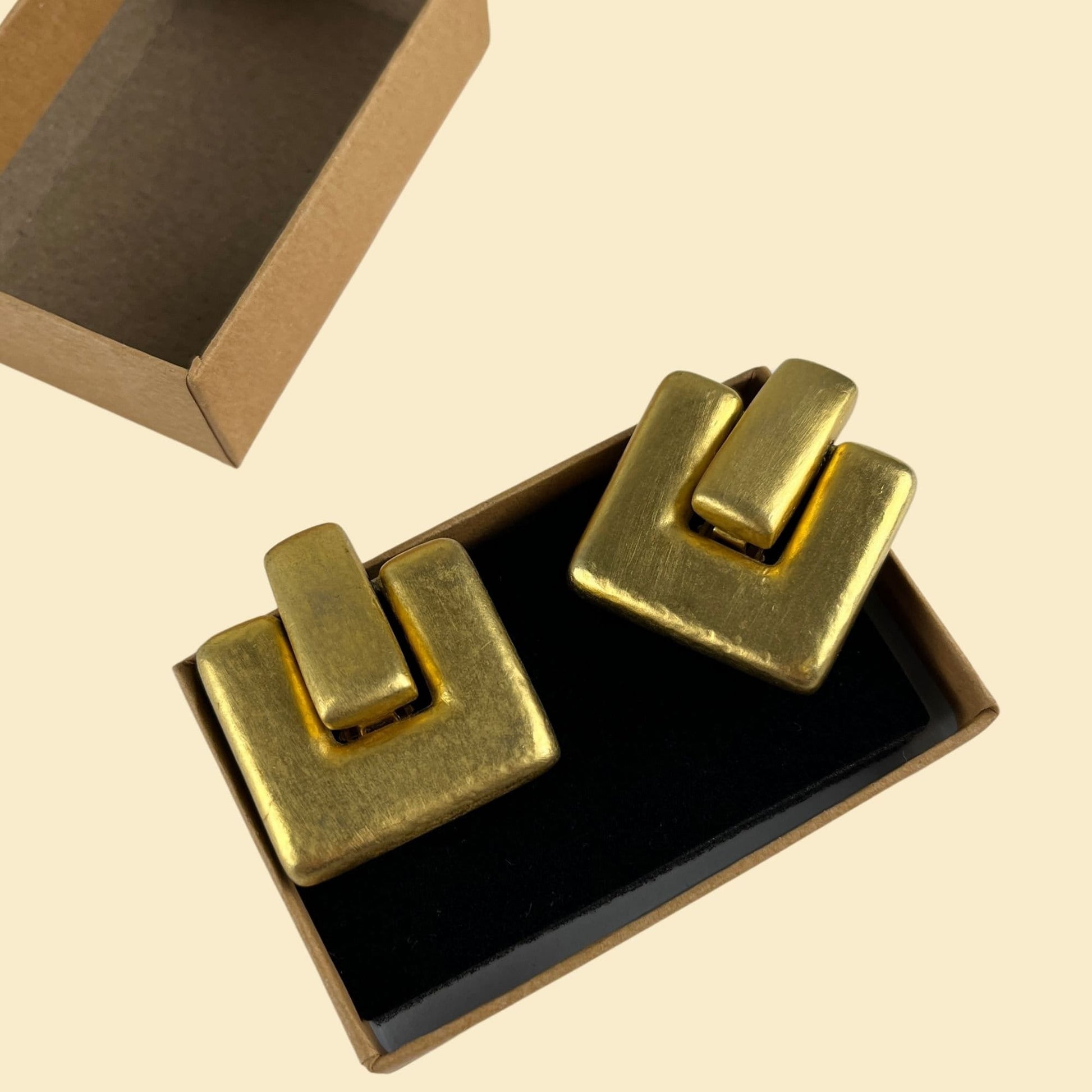 1980s matte-gold cube earrings, vintage 80s gold-toned door-knocker clip-on earrings