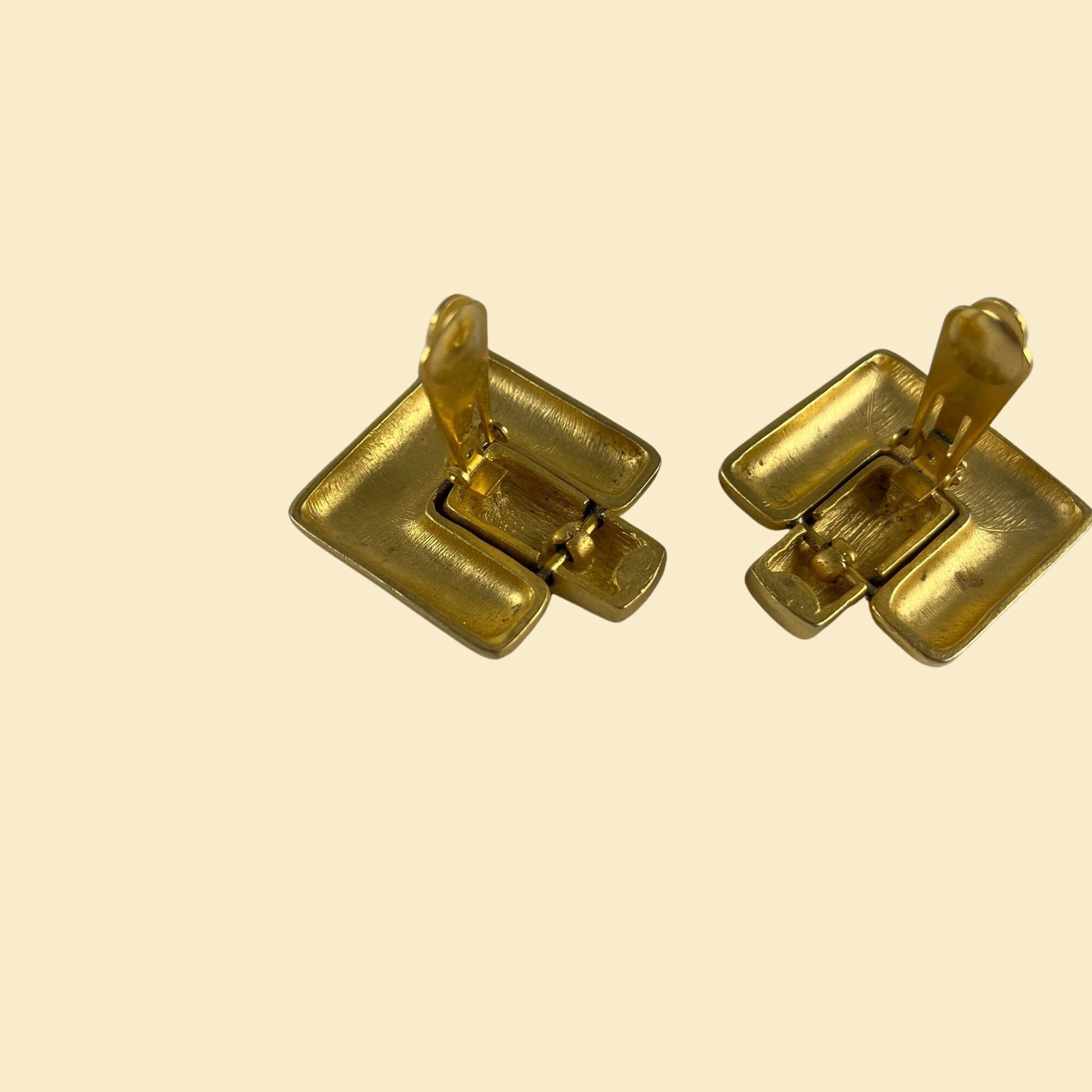 1980s matte-gold cube earrings, vintage 80s gold-toned door-knocker clip-on earrings