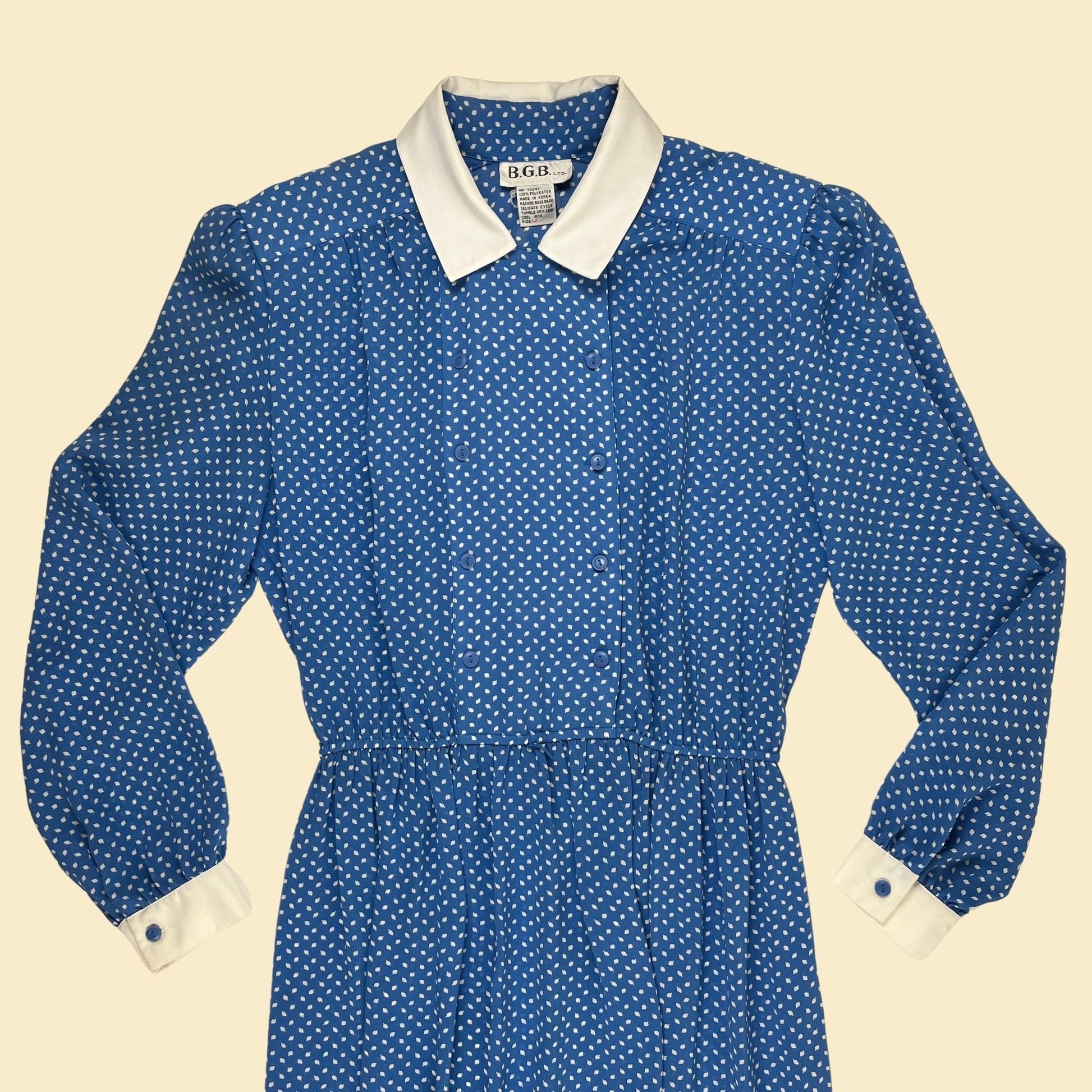 Vintage 80s polka-dot fit & flare dress by BGB Ltd, vintage blue/white long sleeve collared 1980s dress