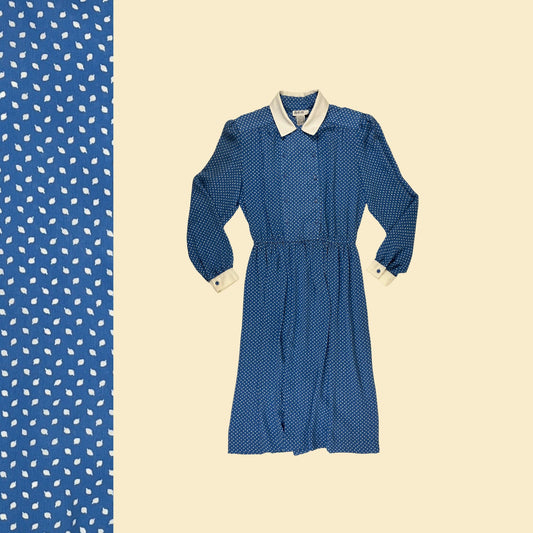 Vintage 80s polka-dot fit & flare dress by BGB Ltd, vintage blue/white long sleeve collared 1980s dress