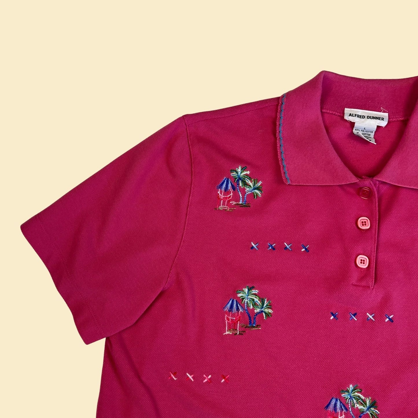 1990s women's tropical polo shirt, vintage size L pink 90s tourist/vacation shirt