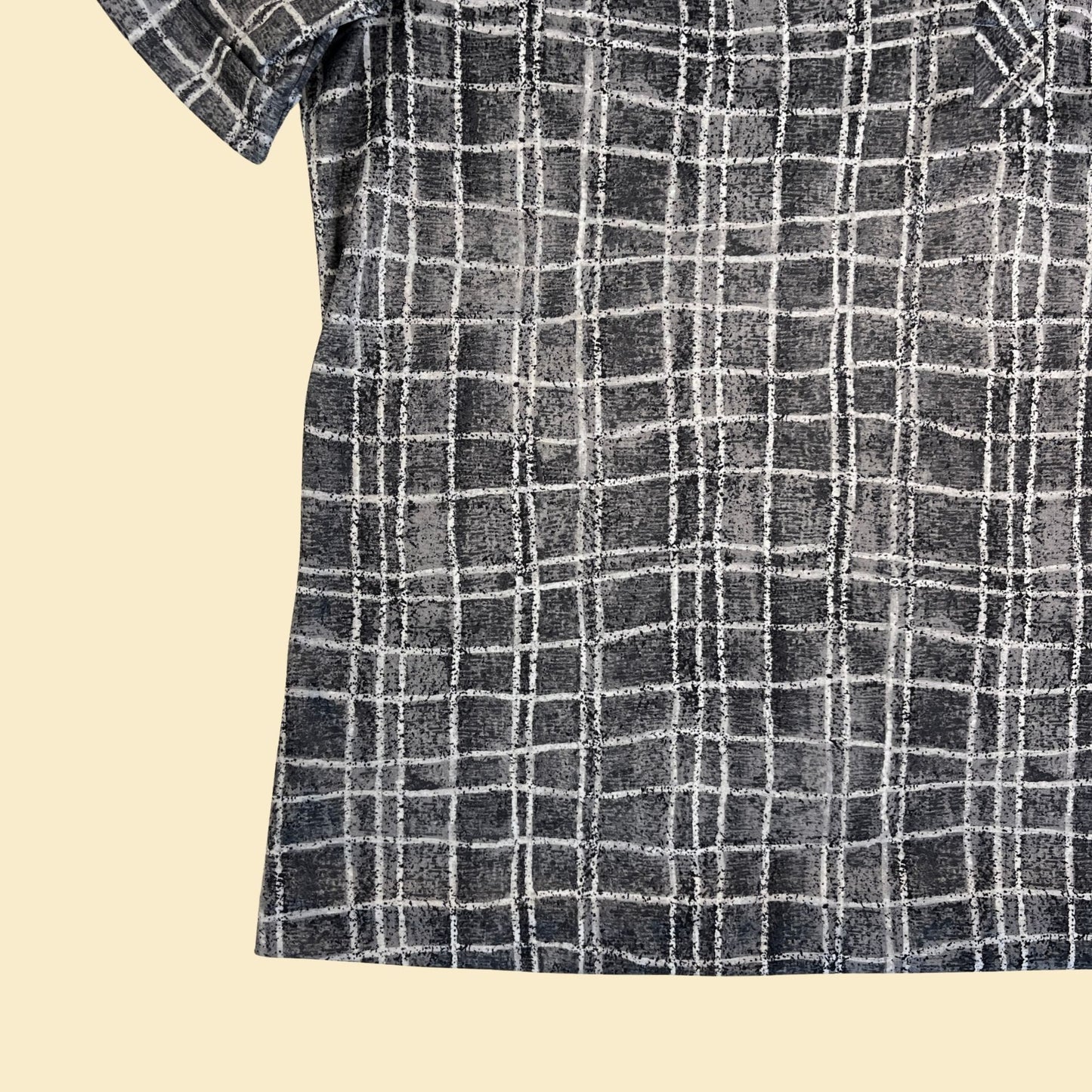 1980s grey/black blouse, size 20W vintage 80s geometric short sleeve cuffed women's shirt