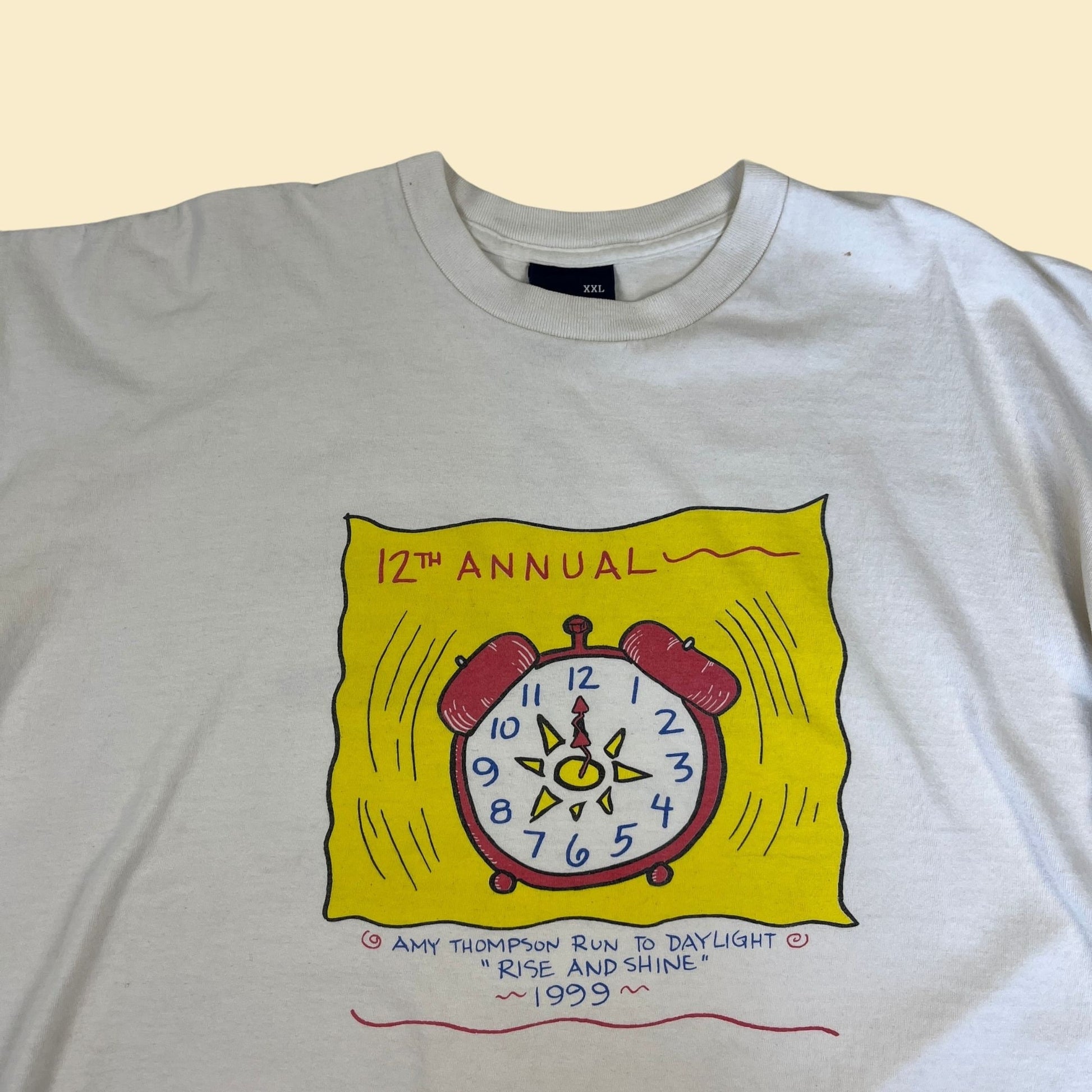 1999 race/marathon t-shirt, vintage 90s XXL Amy Thompson Run to Daylight tee w/ clip-art clock design