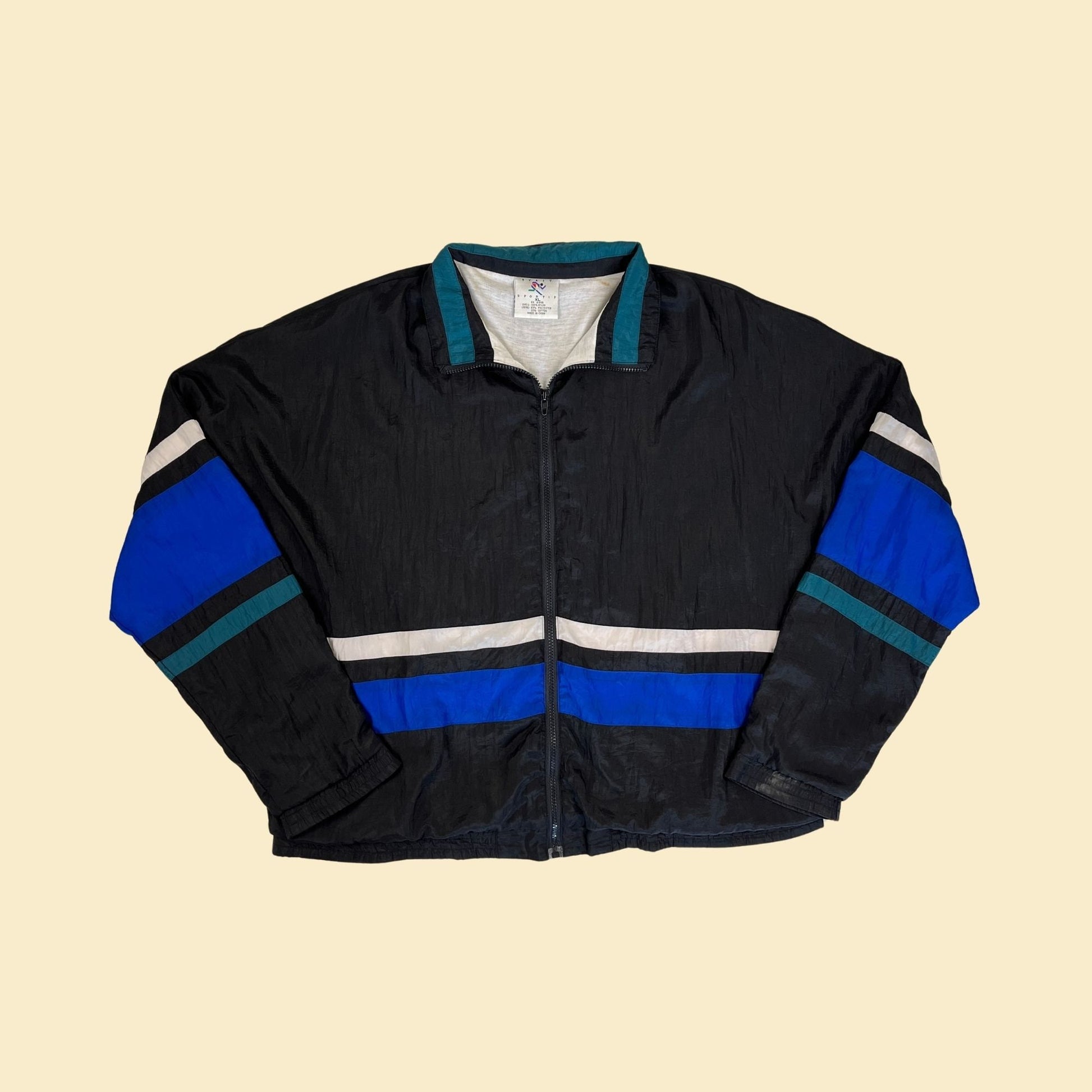 1990s windbreaker jacket by Avait Sportif, vintage 90s XL black & blue color block zip up trainer jacket