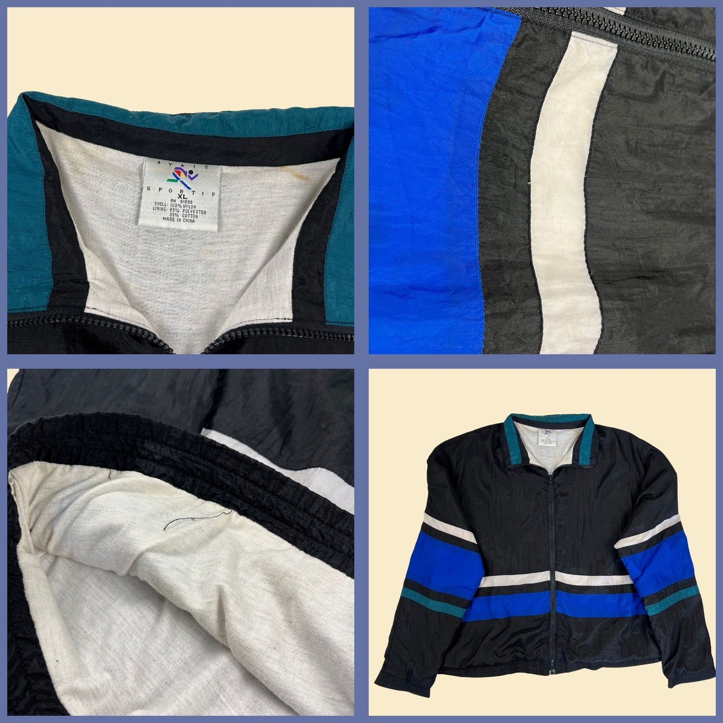 1990s windbreaker jacket by Avait Sportif, vintage 90s XL black & blue color block zip up trainer jacket