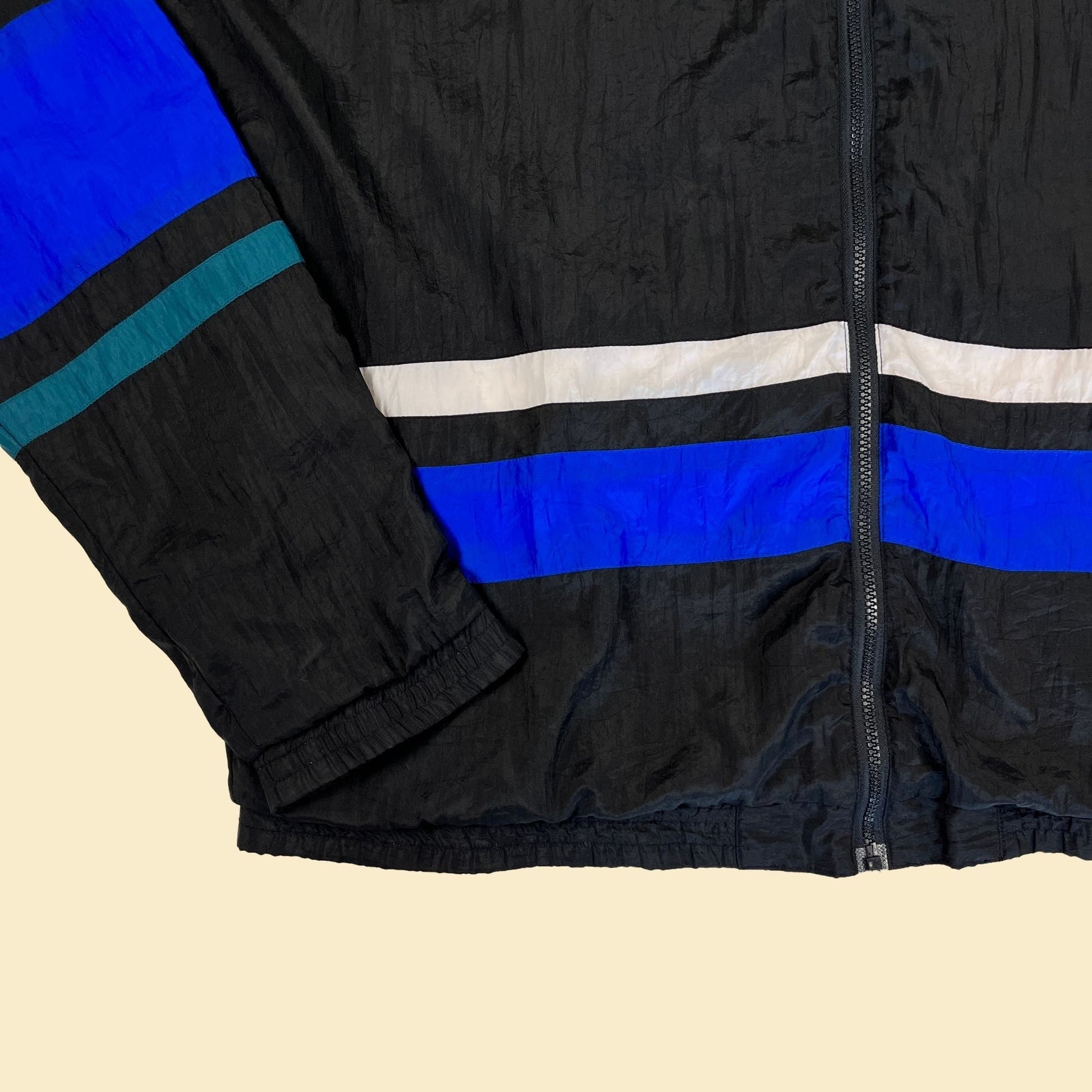 1990s windbreaker jacket by Avait Sportif, vintage 90s XL black & blue color block zip up trainer jacket