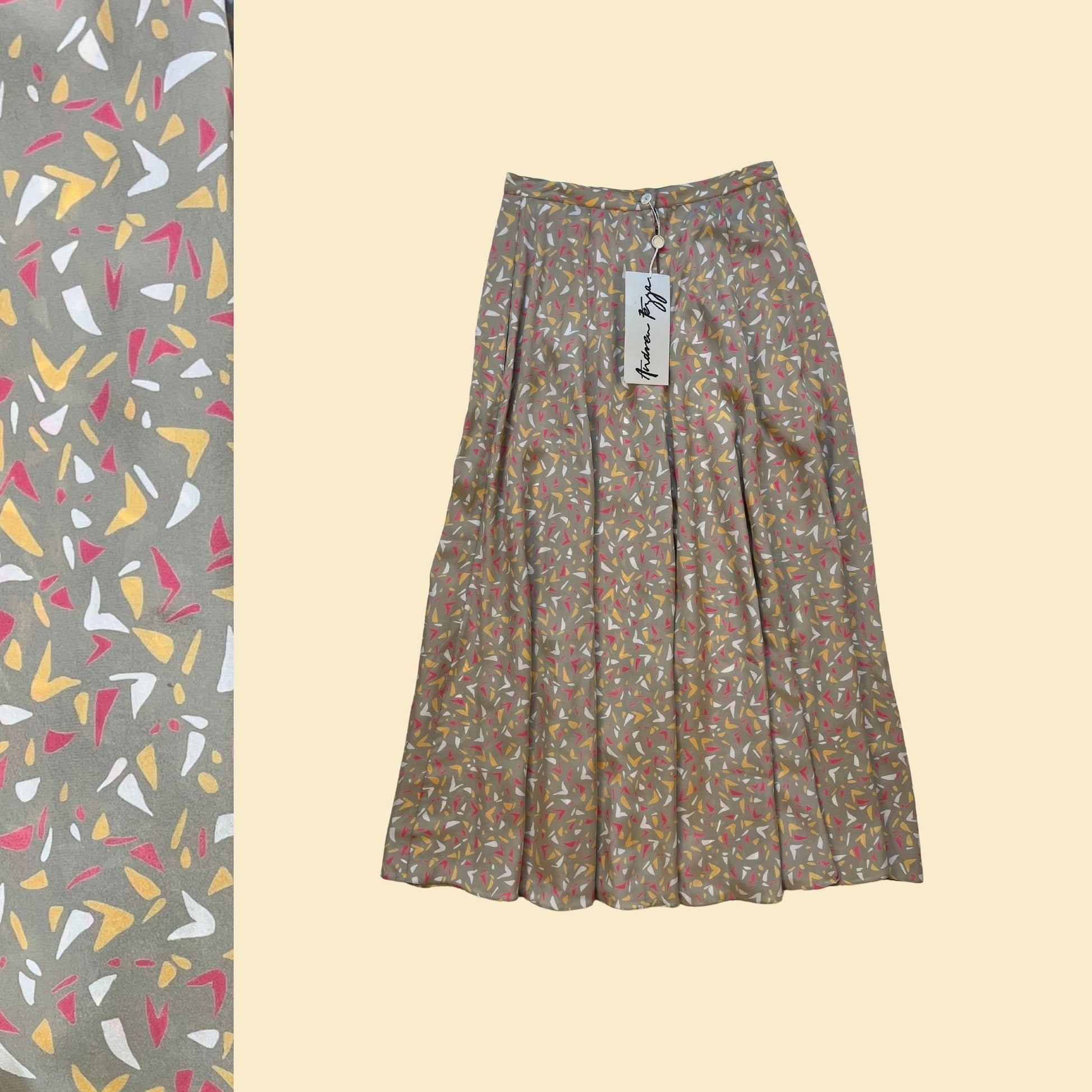 1980s Italian silk maxi skirt by Andrea Fezza, size 10 novelty print beige/pink/orange geometric ankle length skirt