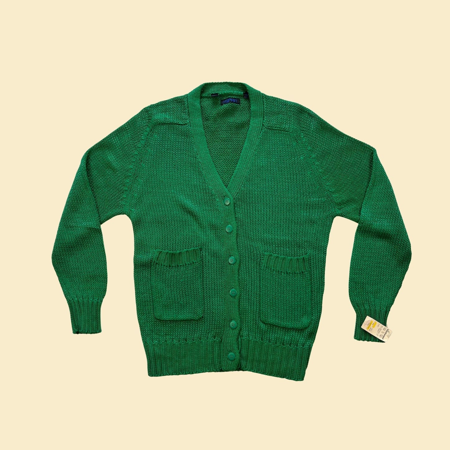 1980s Esprit S cardigan sweater, NOS vintage 80s green knit button down sweater w/ front pockets