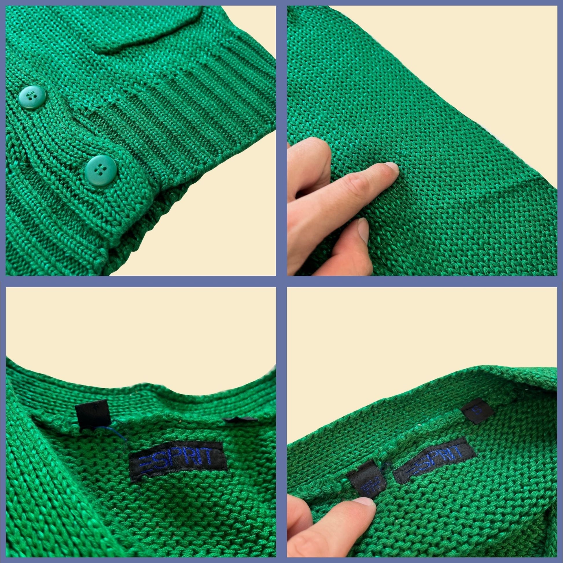 1980s Esprit S cardigan sweater, NOS vintage 80s green knit button down sweater w/ front pockets