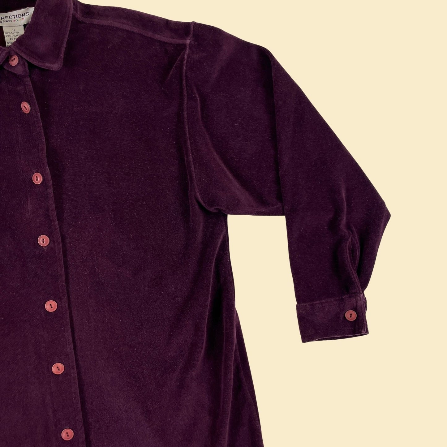 1990s M purple velour shirt, vintage 90s women's button down purple blouse by Directions by Santex