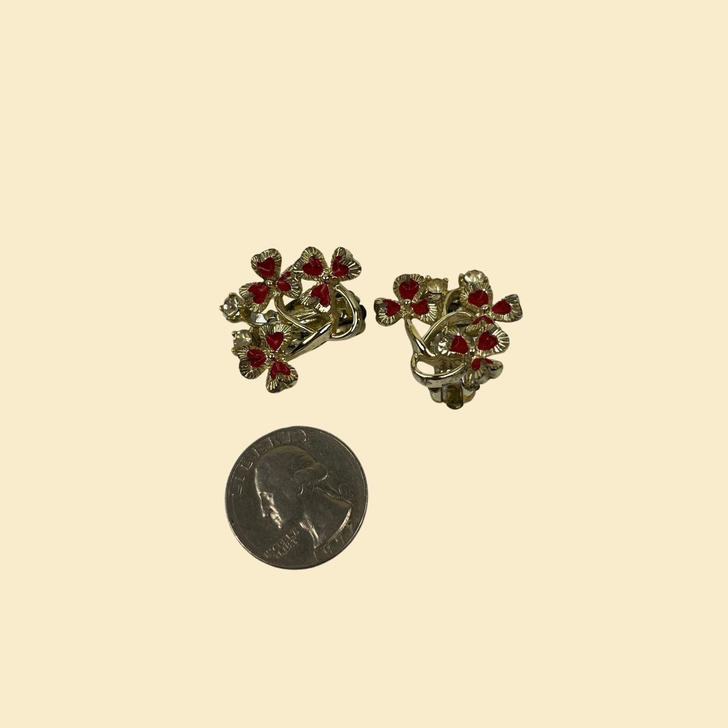 1980s clip on floral earrings, vintage 70s/80s gold & red rhinestone ear bud earrings