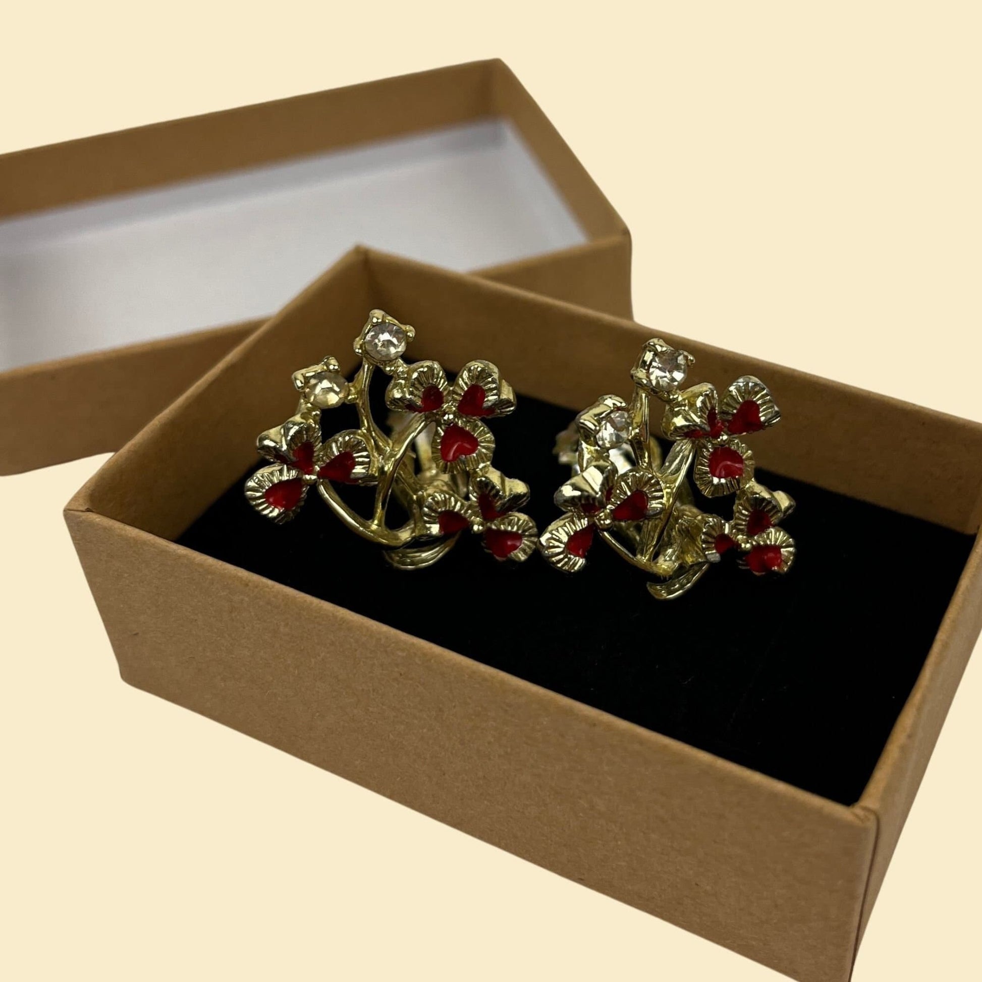 1980s clip on floral earrings, vintage 70s/80s gold & red rhinestone ear bud earrings