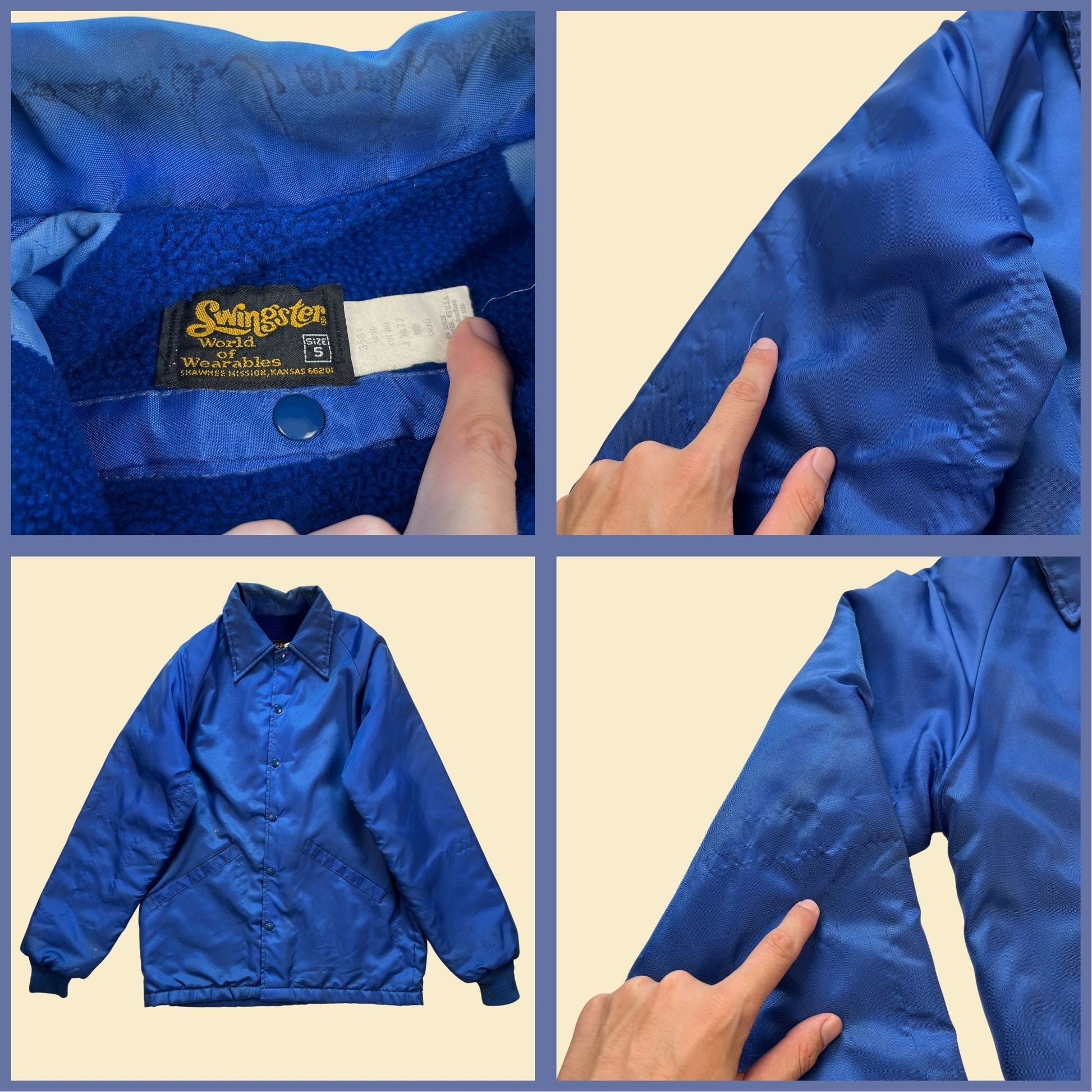 1970s Swingster blue snap clasp jacket, vintage 70s size S fleece-lined jacket,