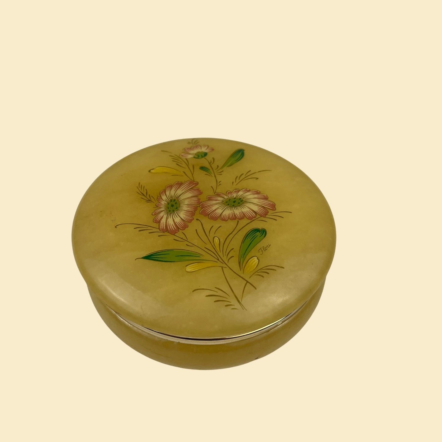 Vintage 60s/70s Italian Alabaster box, lidded 1960s floral trinket box