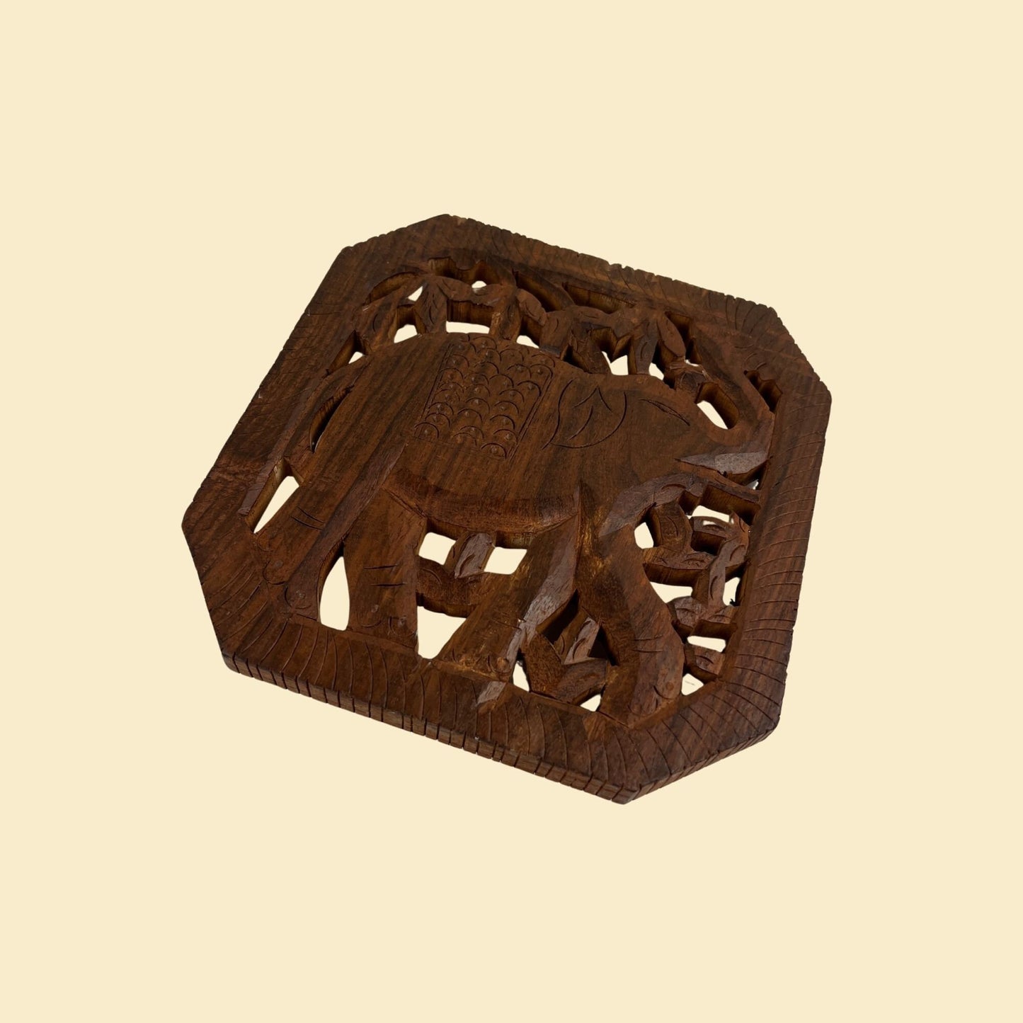 Vintage 70s elephant trivet, wooden 1970s hand-carved square elephant trivet