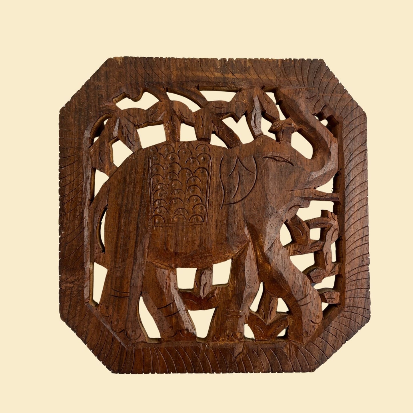 Vintage 70s elephant trivet, wooden 1970s hand-carved square elephant trivet