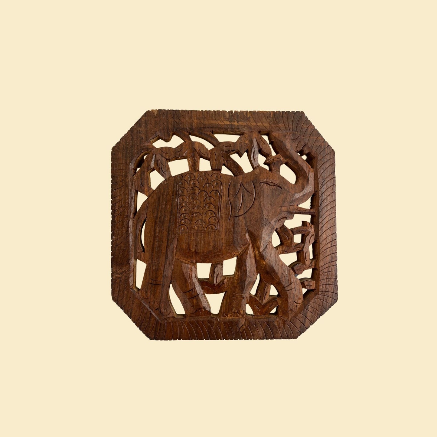 Vintage 70s elephant trivet, wooden 1970s hand-carved square elephant trivet