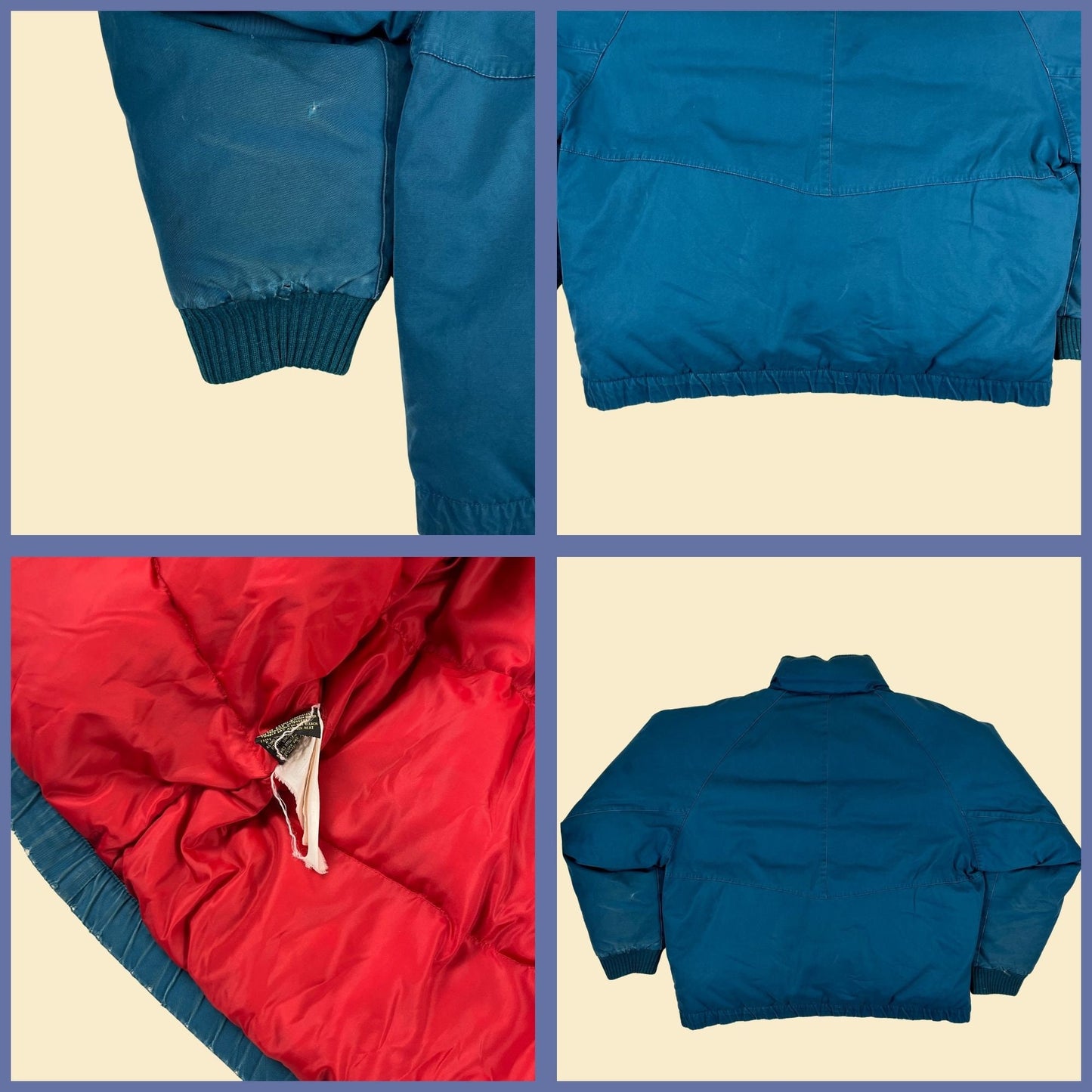 1980s Eddie Bauer goose down jacket, vintage 80s size L teal & red puffer zip up jacket