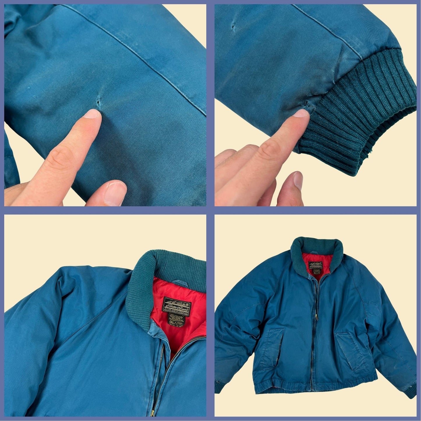 1980s Eddie Bauer goose down jacket, vintage 80s size L teal & red puffer zip up jacket