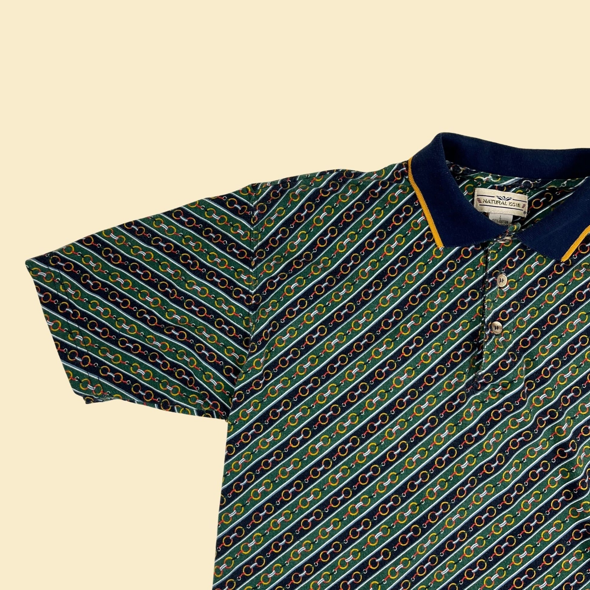 90s L men's polo w/ chain pattern by Natural Issue, vintage 1990s green/yellow/white striped baroque men's shirt