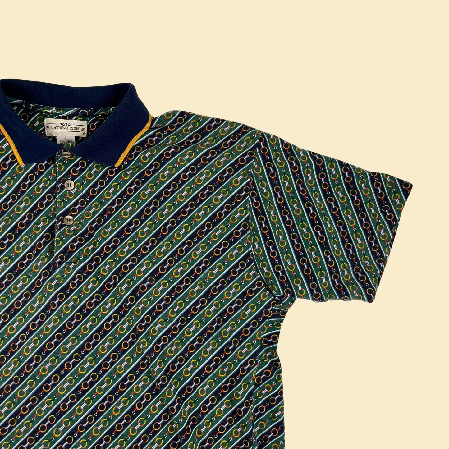 90s L men's polo w/ chain pattern by Natural Issue, vintage 1990s green/yellow/white striped baroque men's shirt