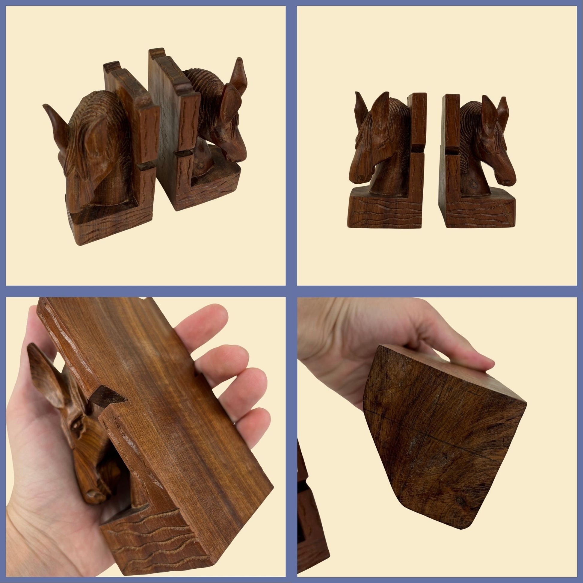 1980s folk art horse bookends, vintage 80s hand-carved horse shaped bookend set