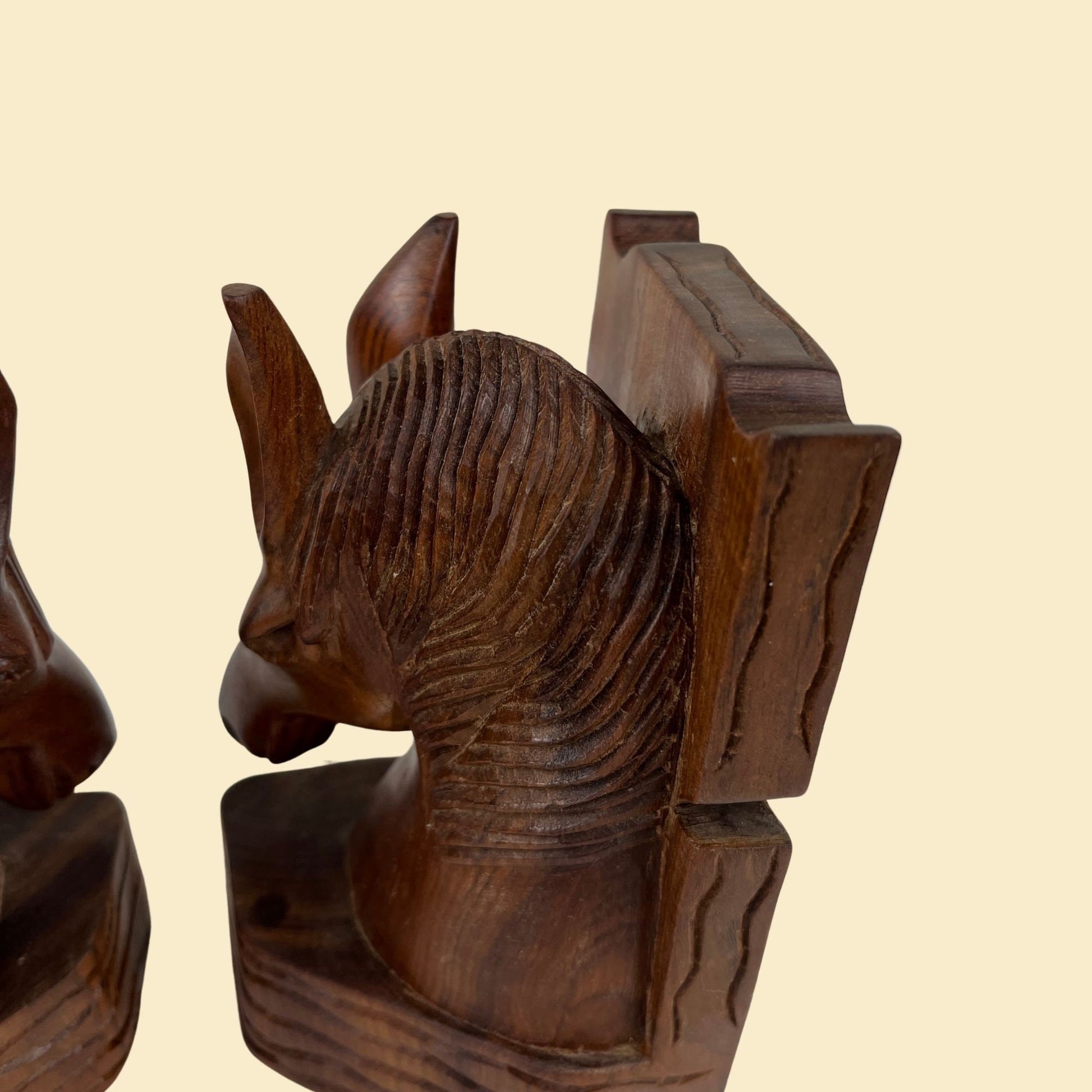 1980s folk art horse bookends, vintage 80s hand-carved horse shaped bookend set